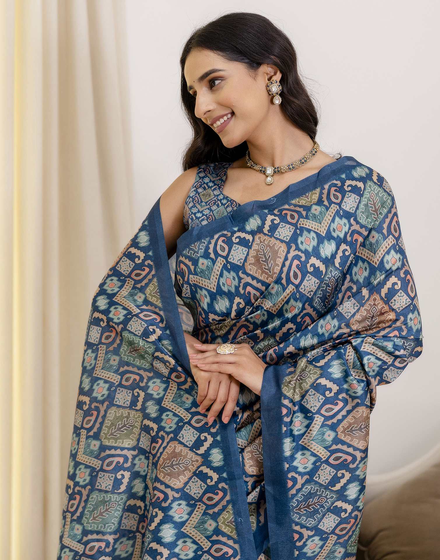 Ready To Wear Navy Blue Silk Printed Saree