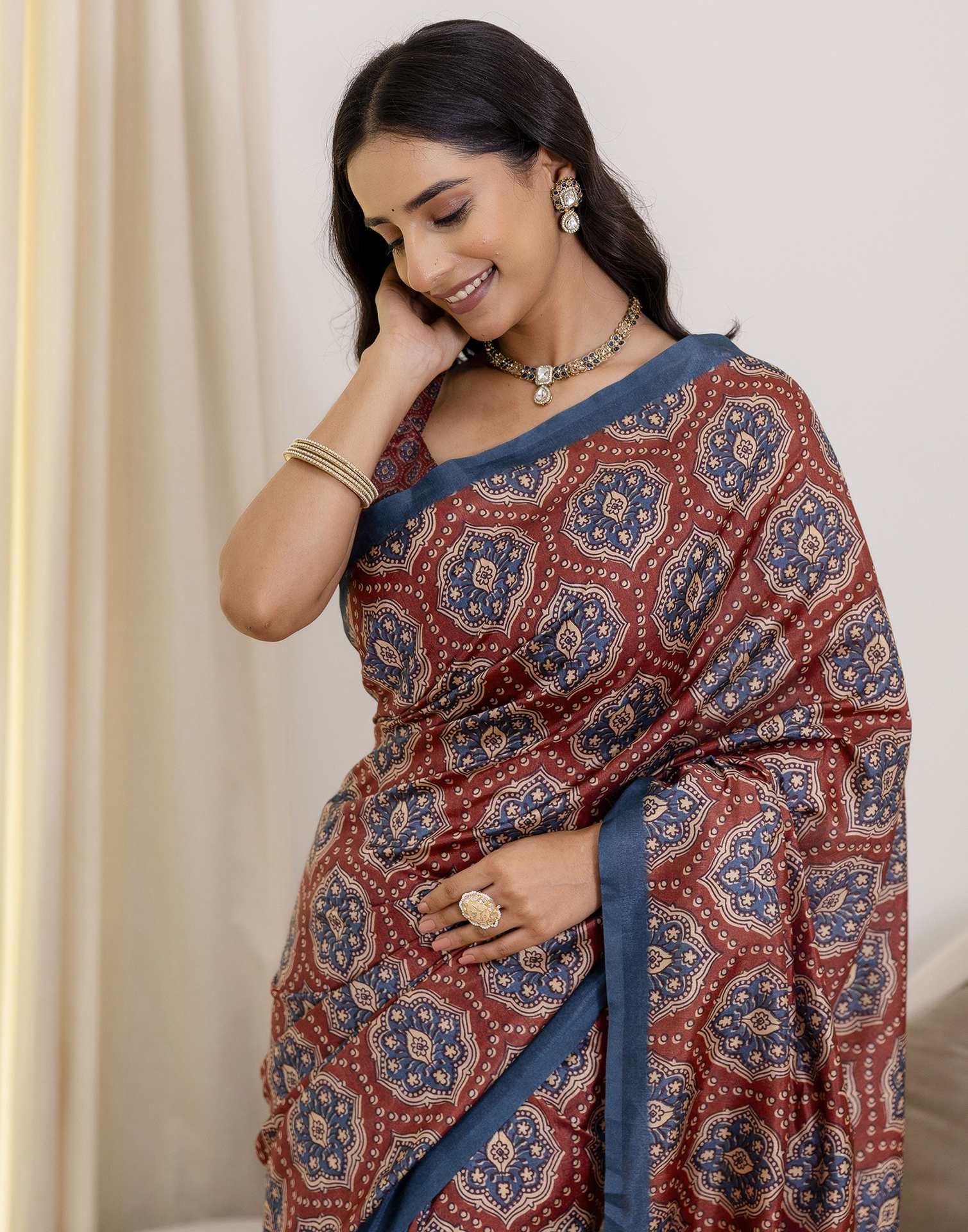Ready To Wear Brown Silk Printed Saree