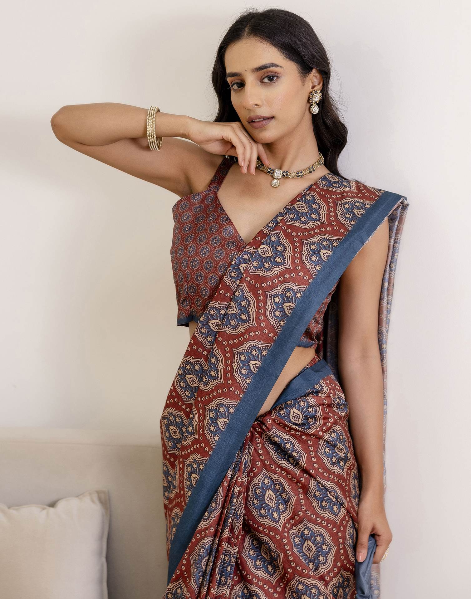 Ready To Wear Brown Silk Printed Saree