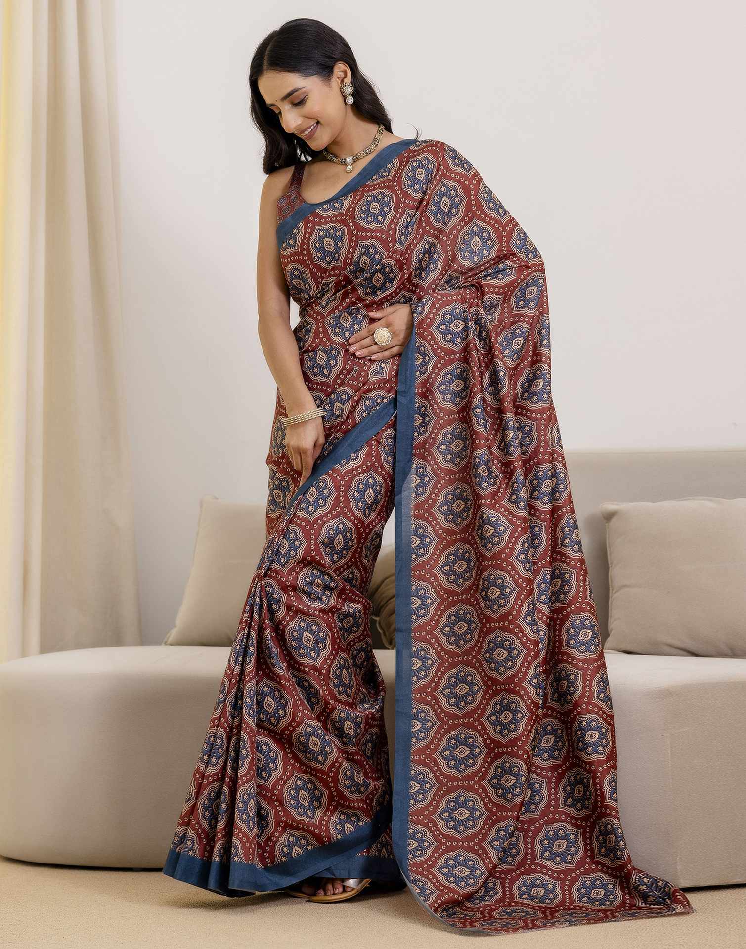 Ready To Wear Brown Silk Printed Saree