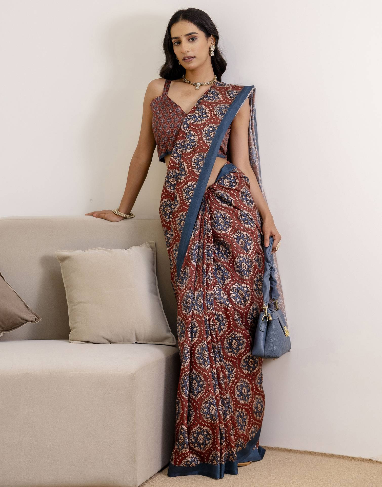 Ready To Wear Brown Silk Printed Saree