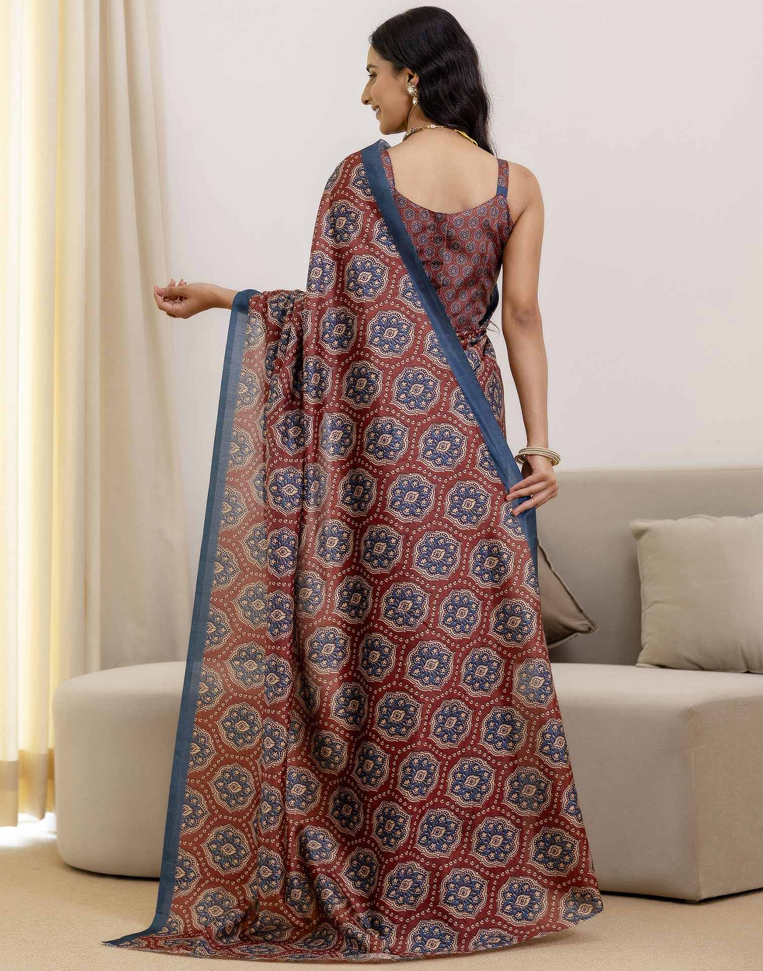 Ready To Wear Brown Silk Printed Saree