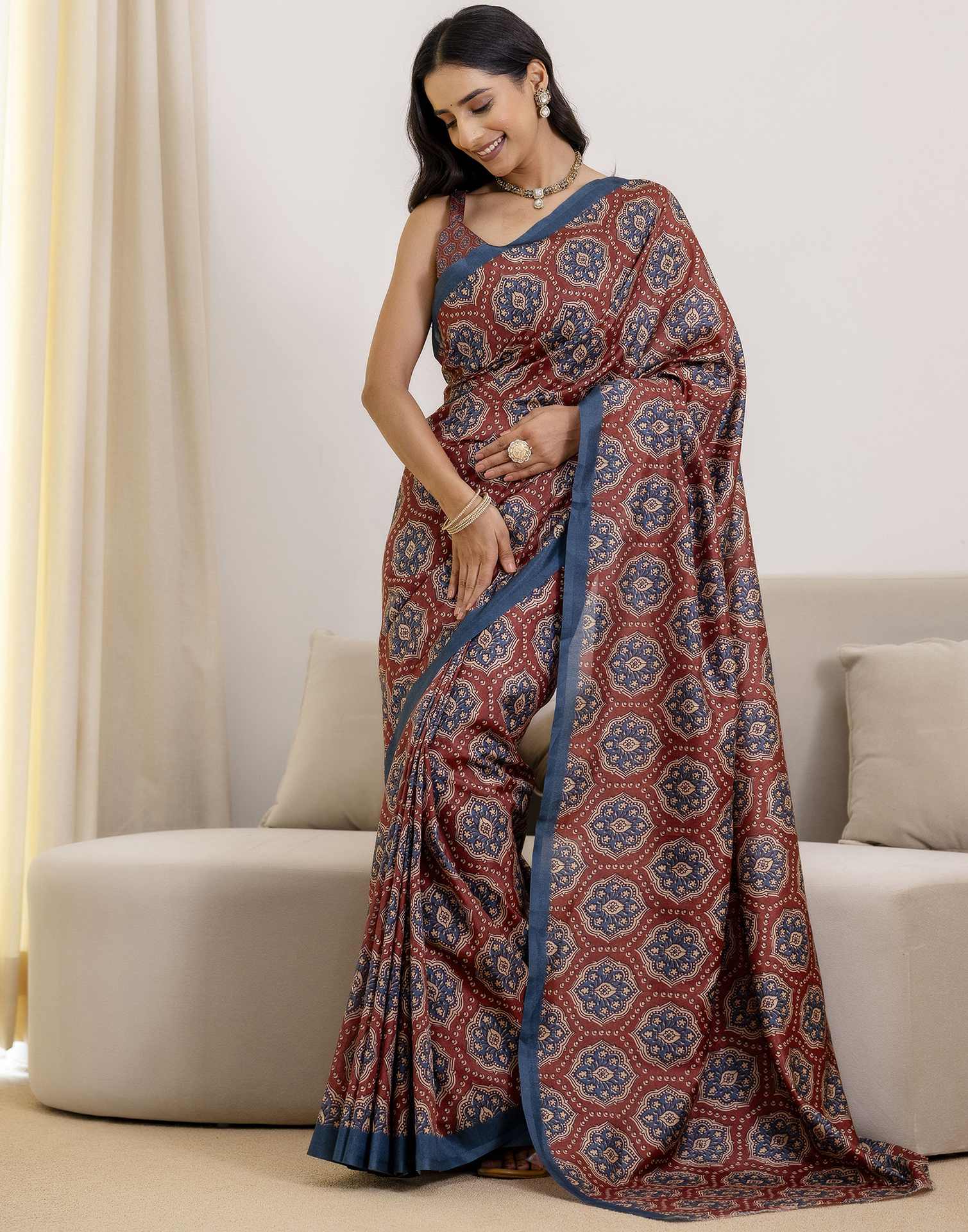 Ready To Wear Brown Silk Printed Saree