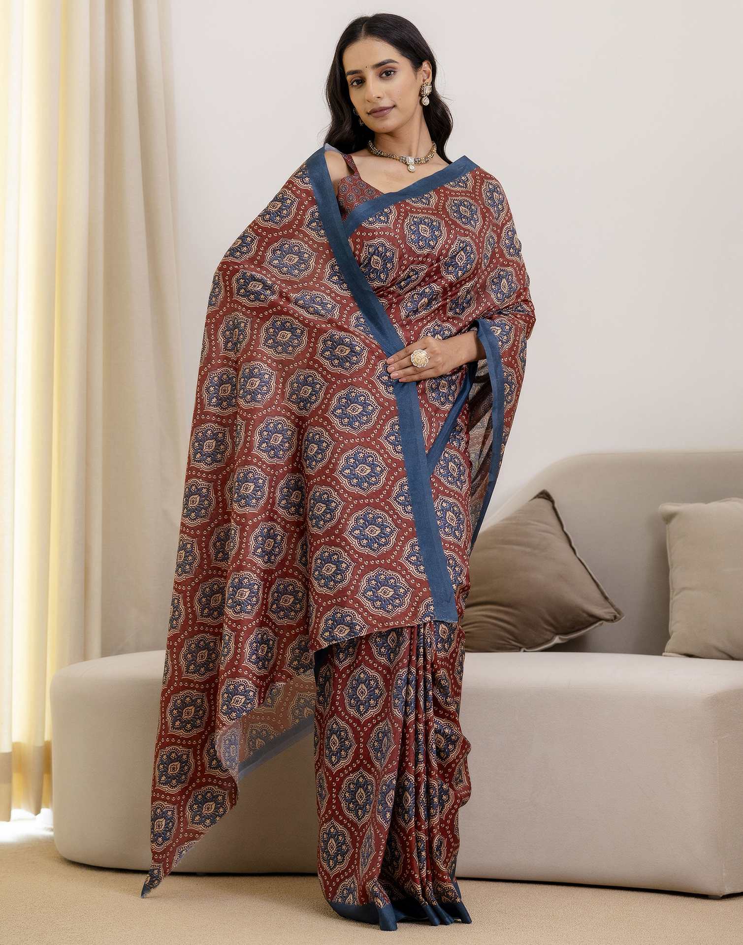Ready To Wear Brown Silk Printed Saree