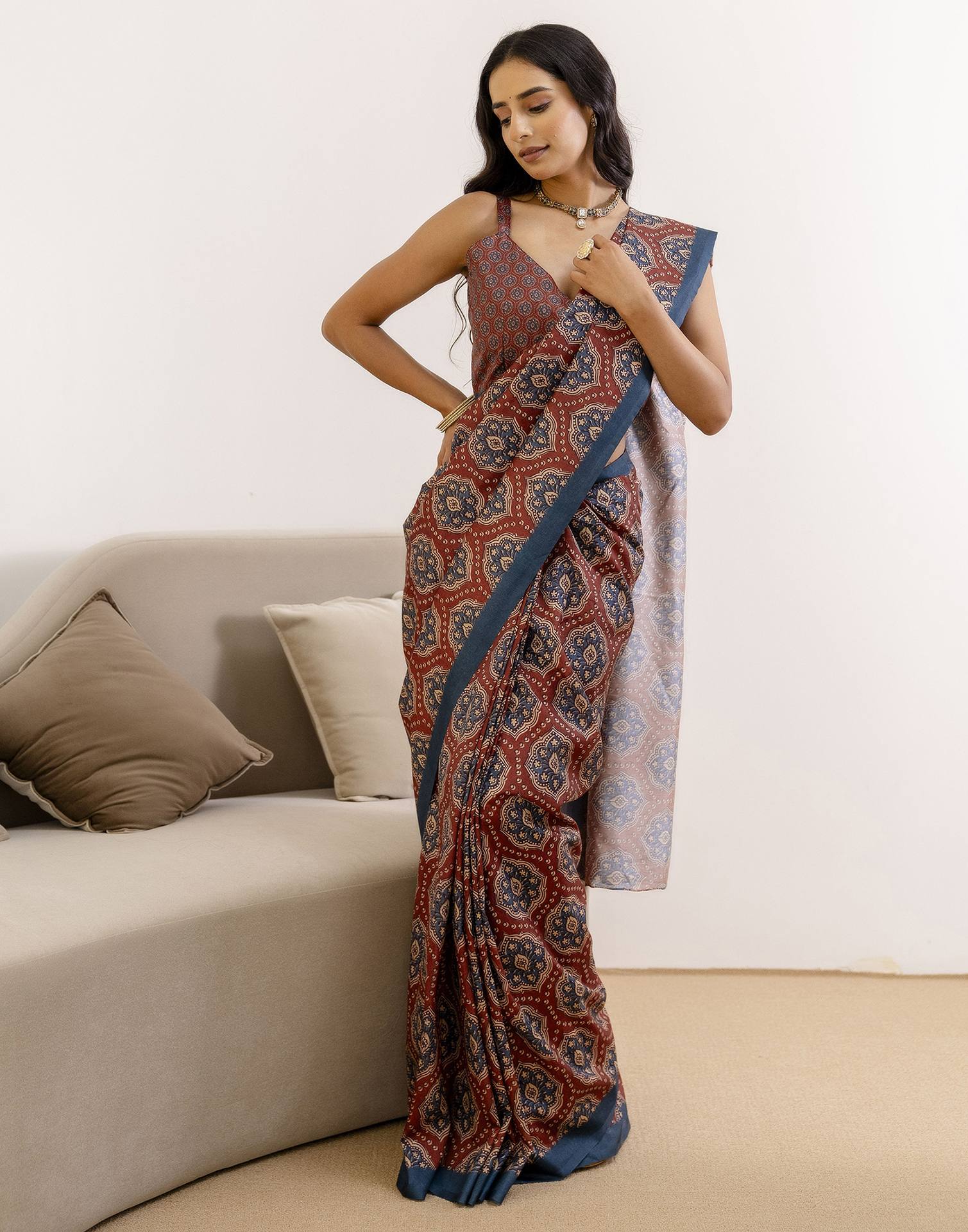 Ready To Wear Brown Silk Printed Saree