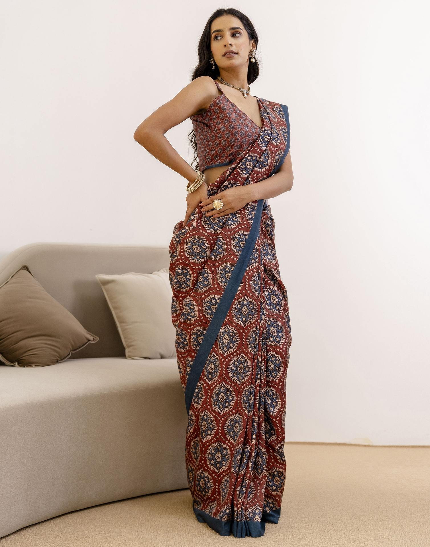 Ready To Wear Brown Silk Printed Saree