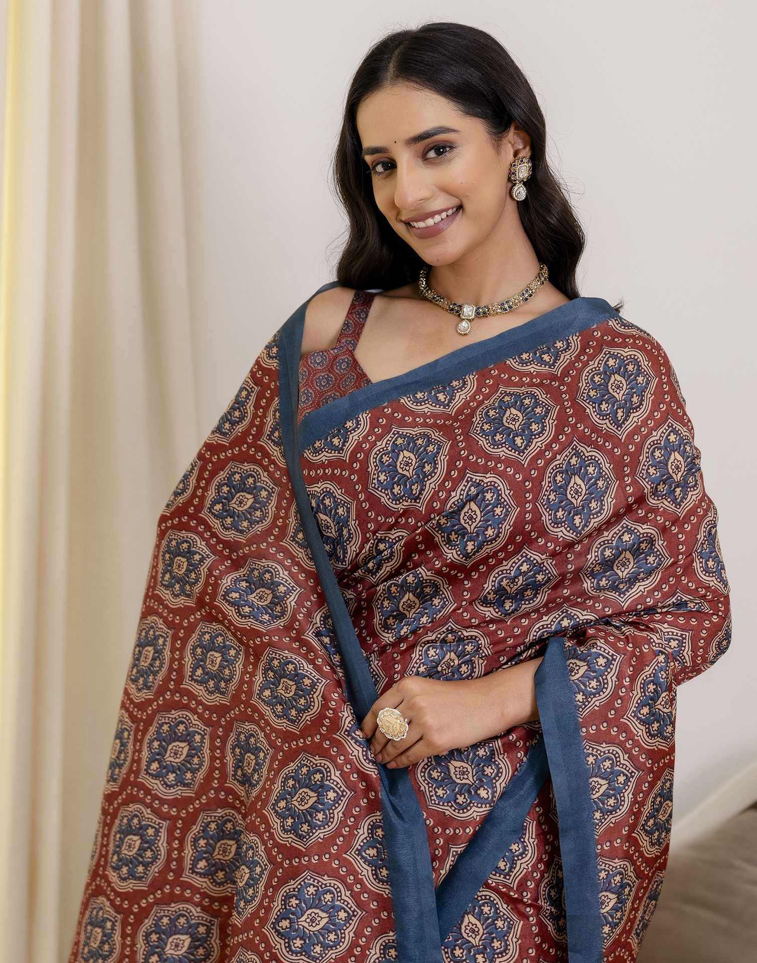 Ready To Wear Brown Silk Printed Saree