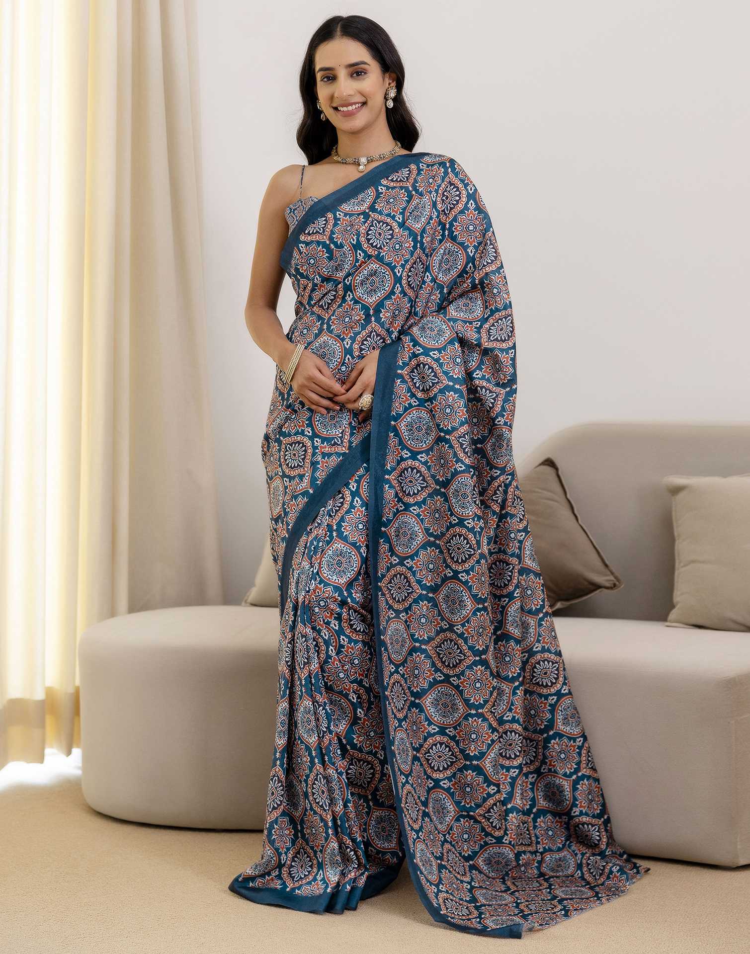 Ready To Wear Navy Blue Silk Printed Saree