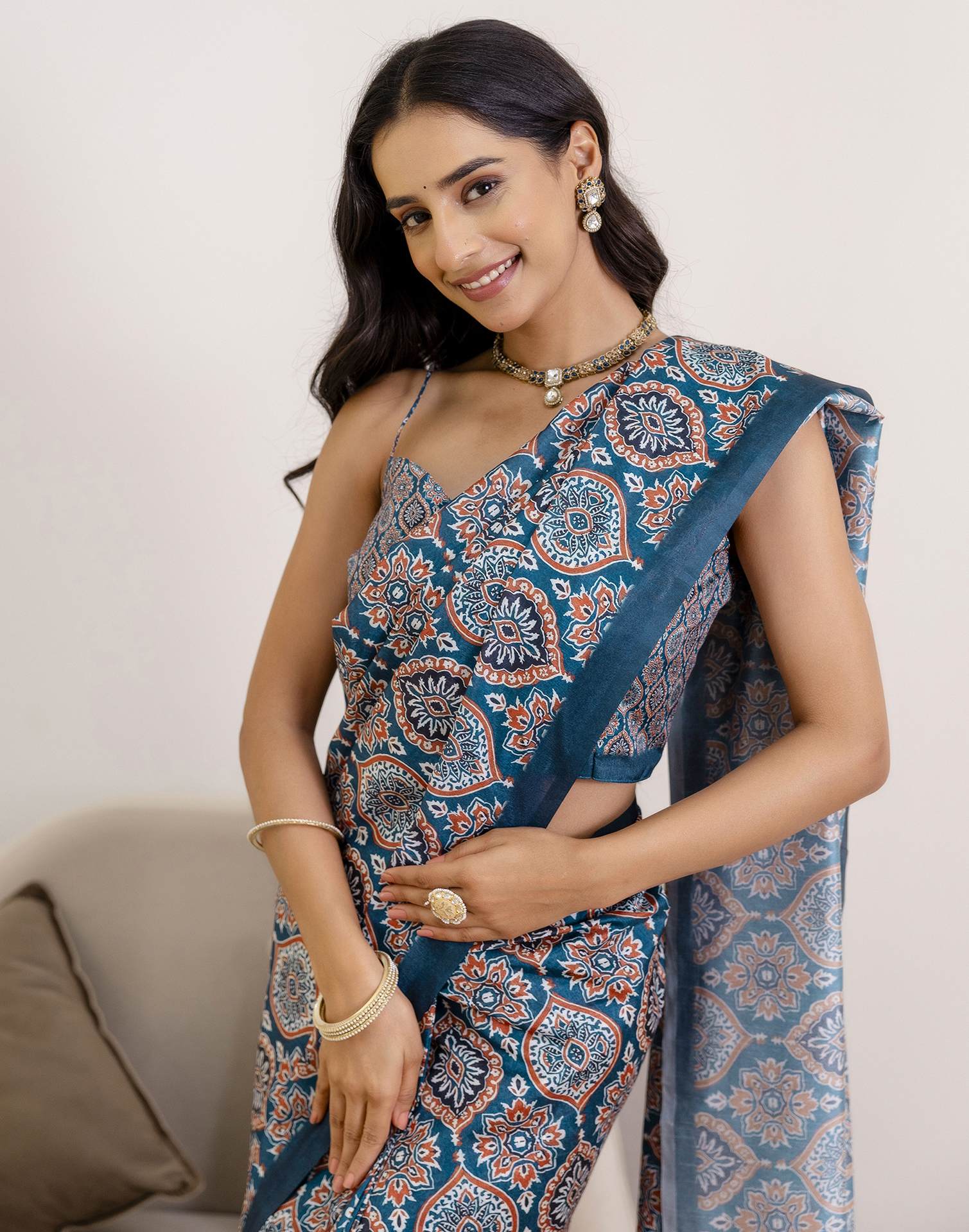 Ready To Wear Navy Blue Silk Printed Saree