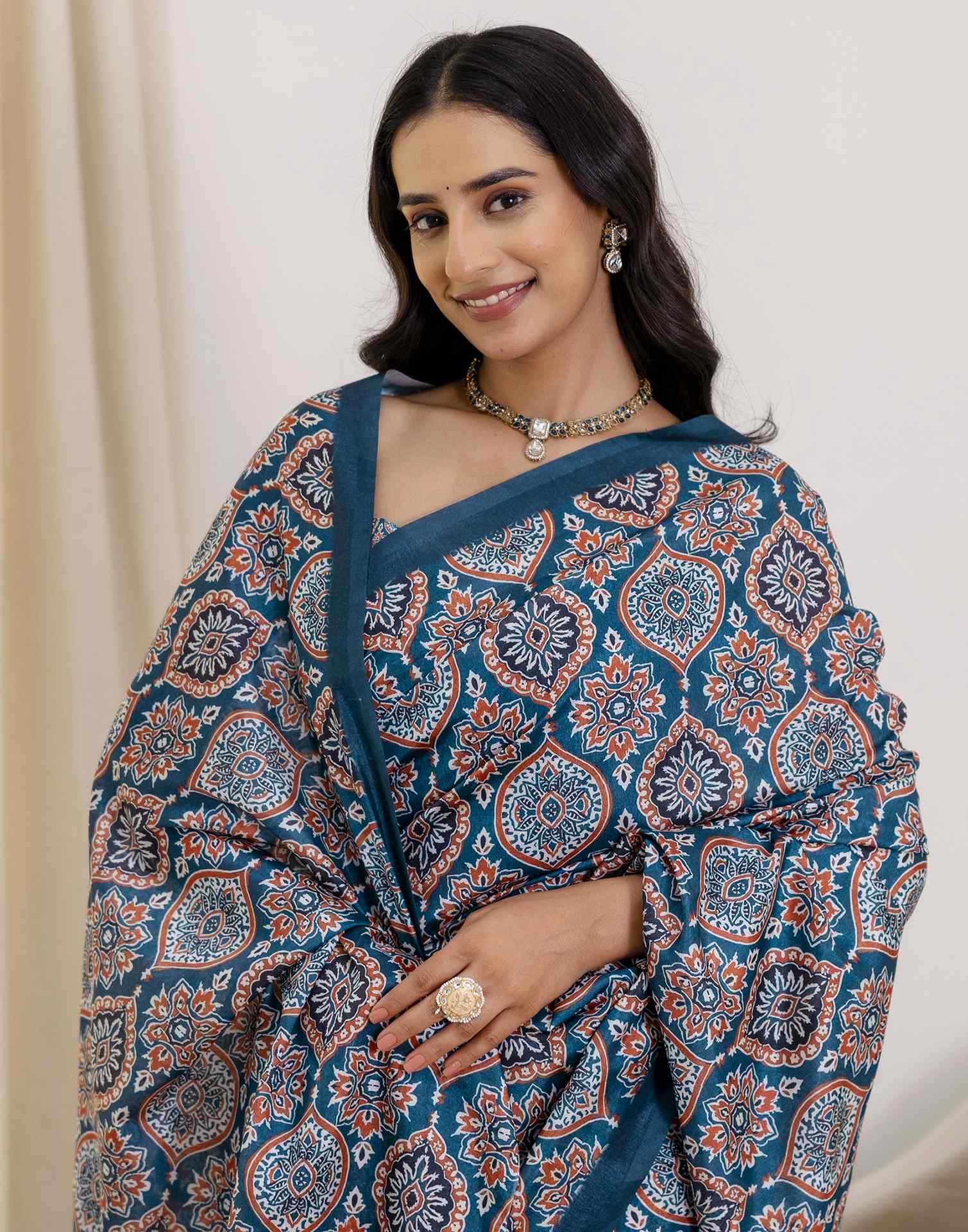 Ready To Wear Navy Blue Silk Printed Saree