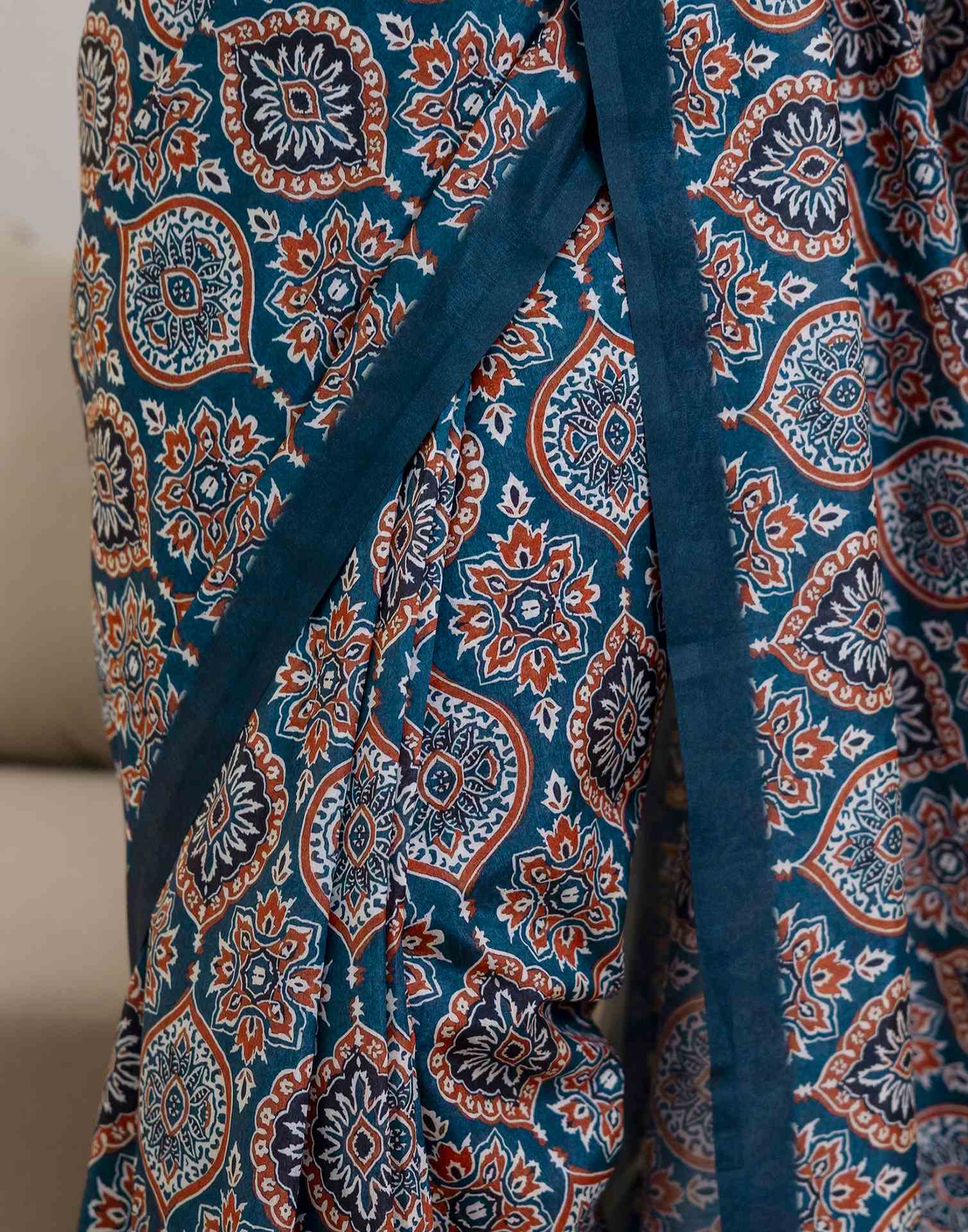 Ready To Wear Navy Blue Silk Printed Saree