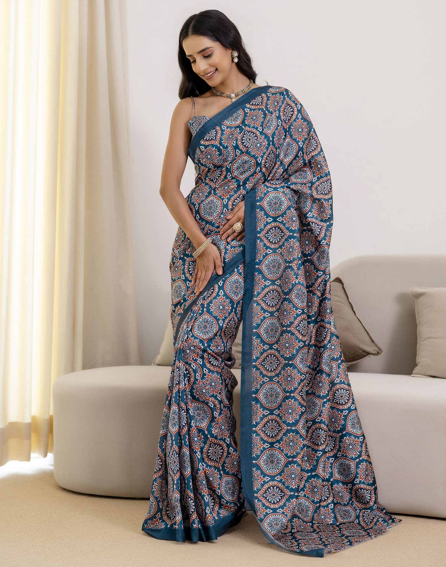 Ready To Wear Navy Blue Silk Printed Saree