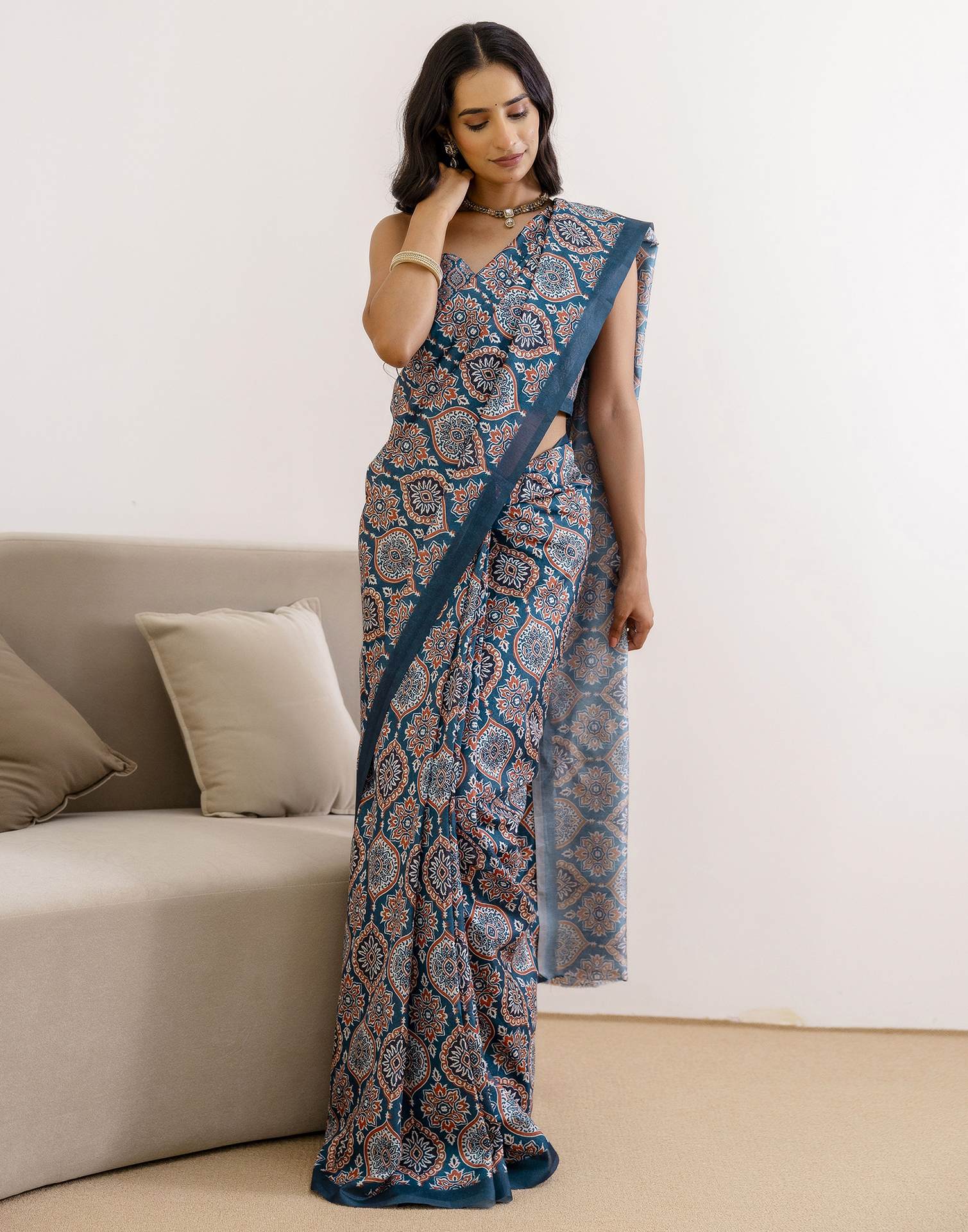 Ready To Wear Navy Blue Silk Printed Saree