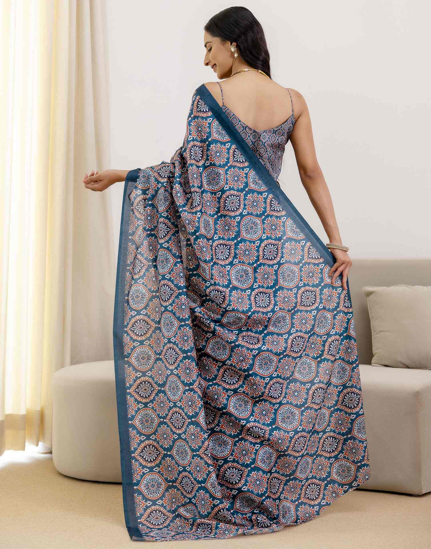 Ready To Wear Navy Blue Silk Printed Saree