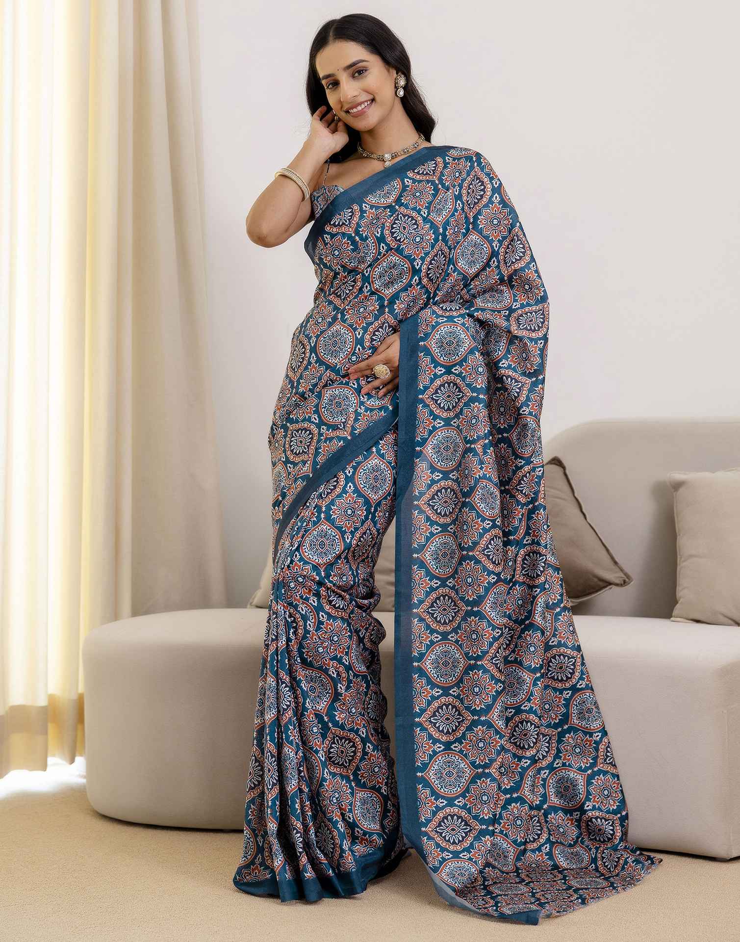 Ready To Wear Navy Blue Silk Printed Saree