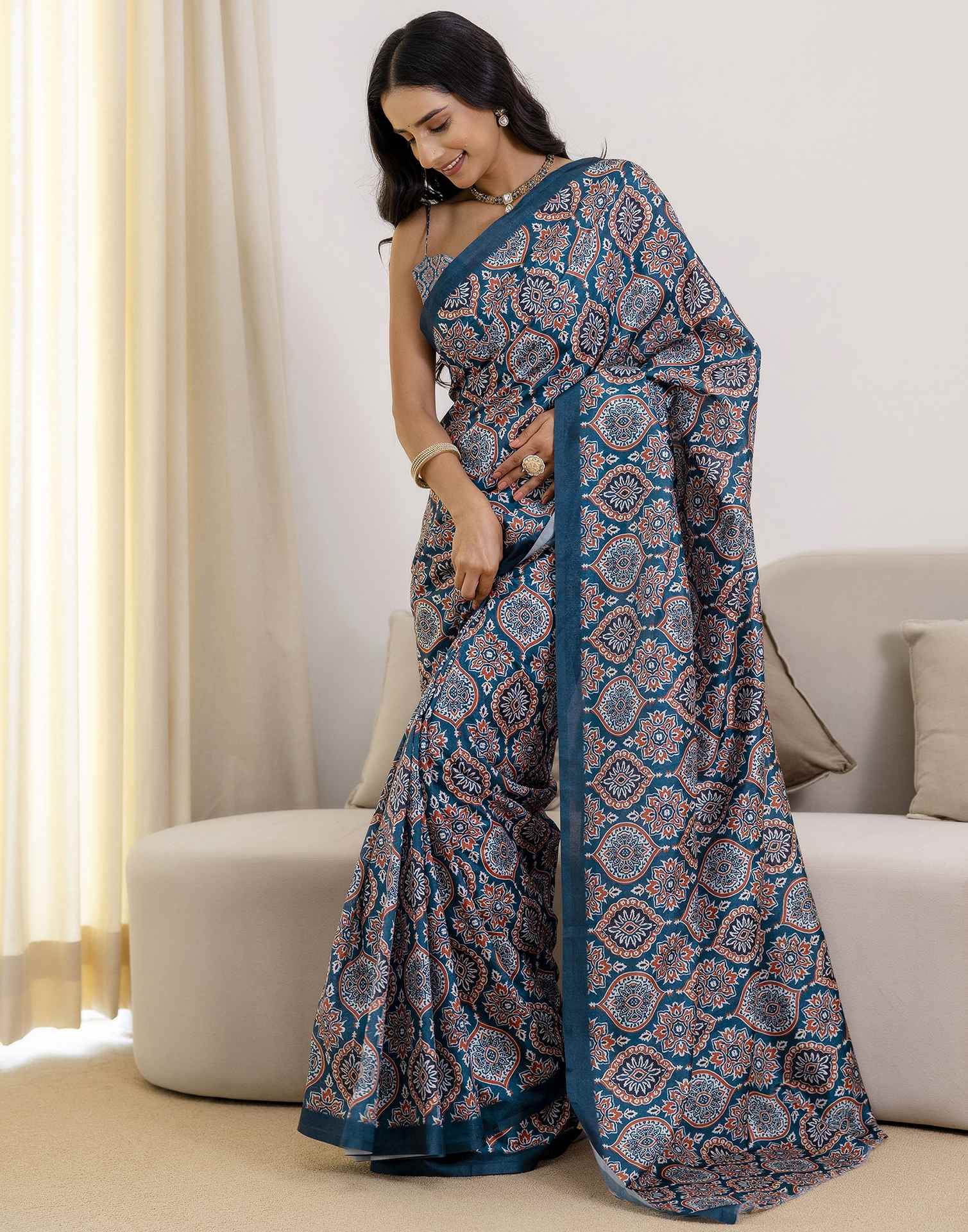 Ready To Wear Navy Blue Silk Printed Saree
