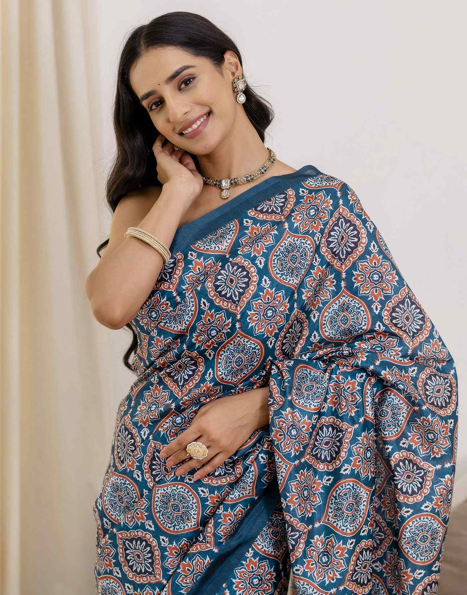Ready To Wear Navy Blue Silk Printed Saree