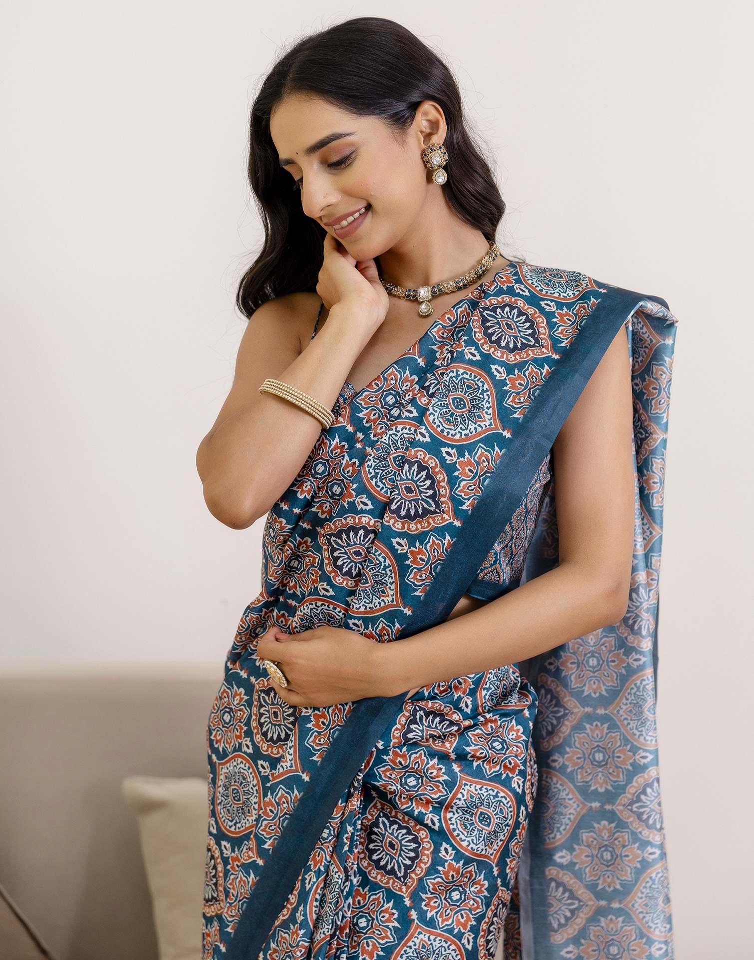 Ready To Wear Navy Blue Silk Printed Saree
