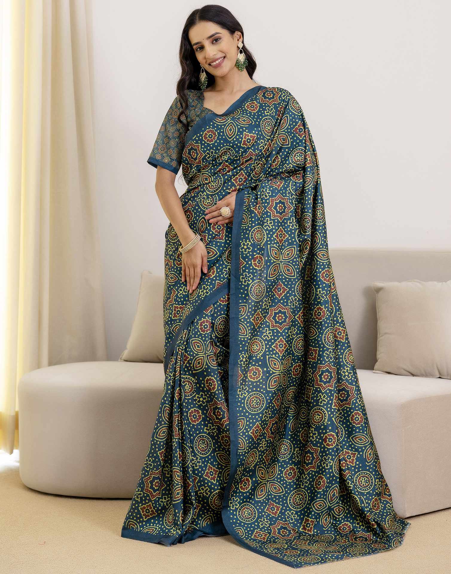 Ready To Wear Navy Blue Silk Printed Saree