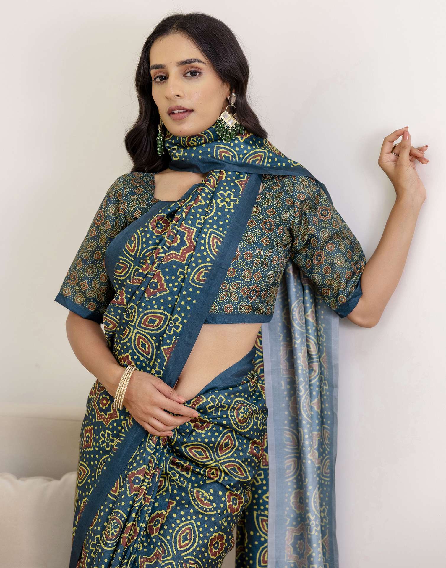 Ready To Wear Navy Blue Silk Printed Saree