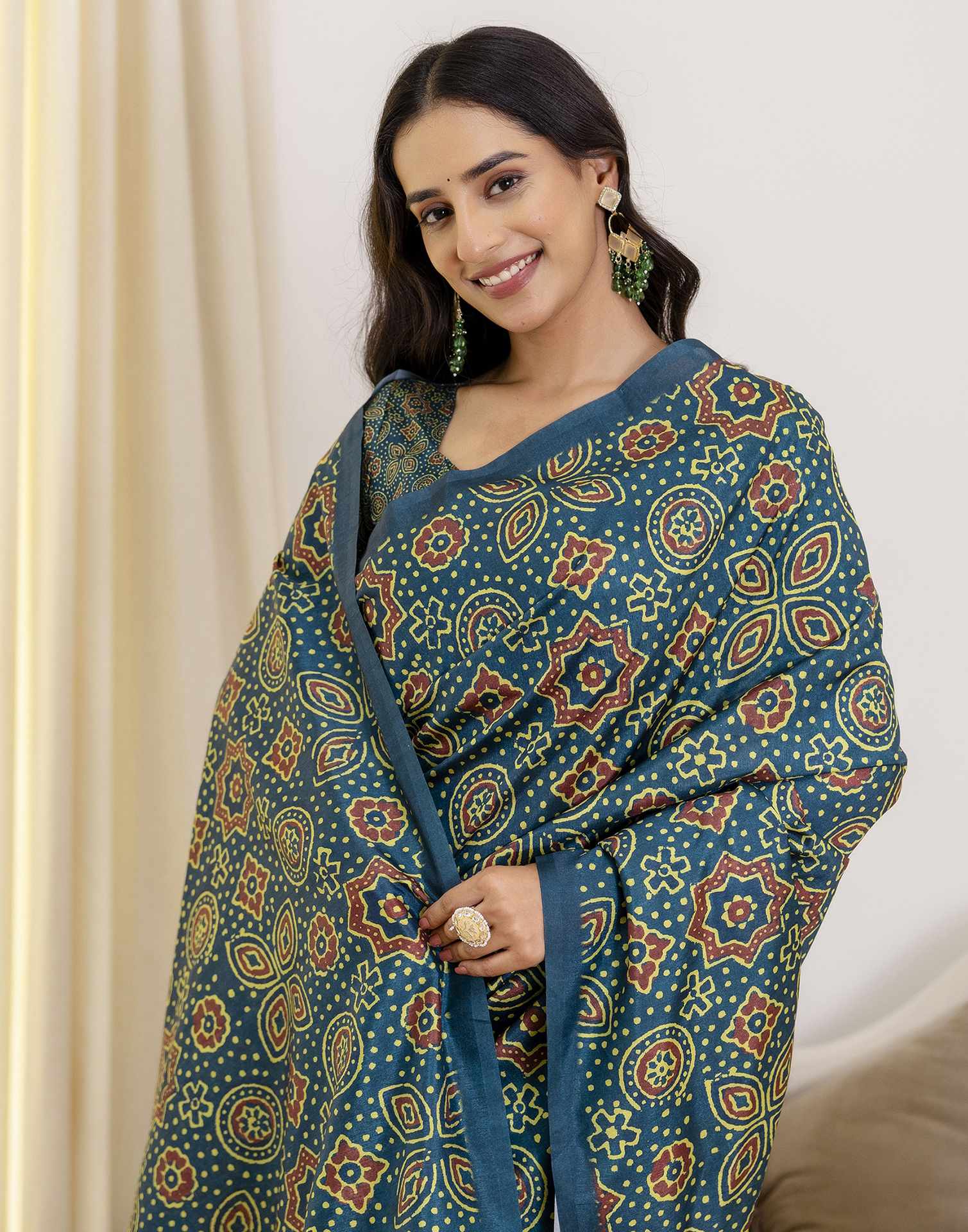 Ready To Wear Navy Blue Silk Printed Saree