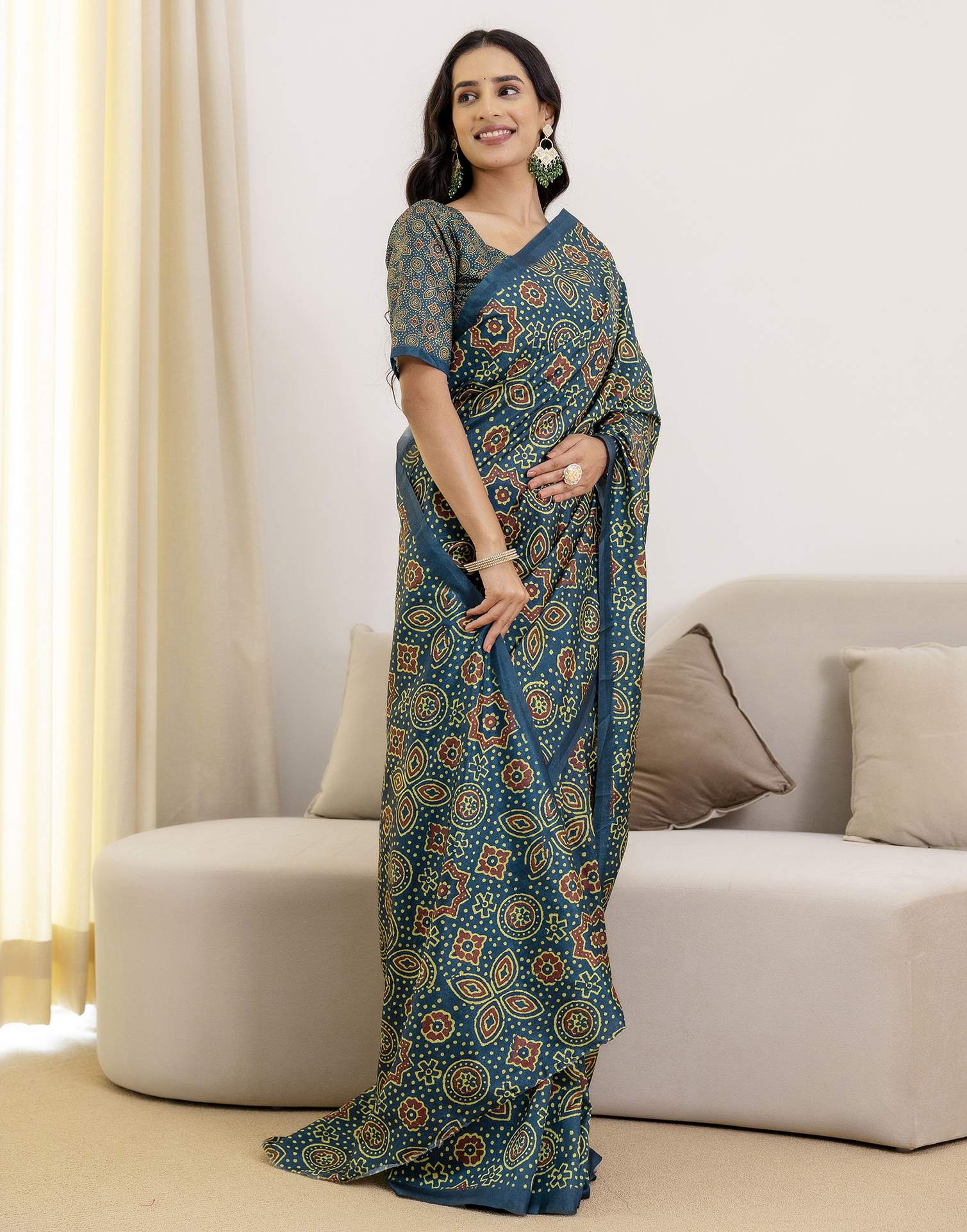 Ready To Wear Navy Blue Silk Printed Saree