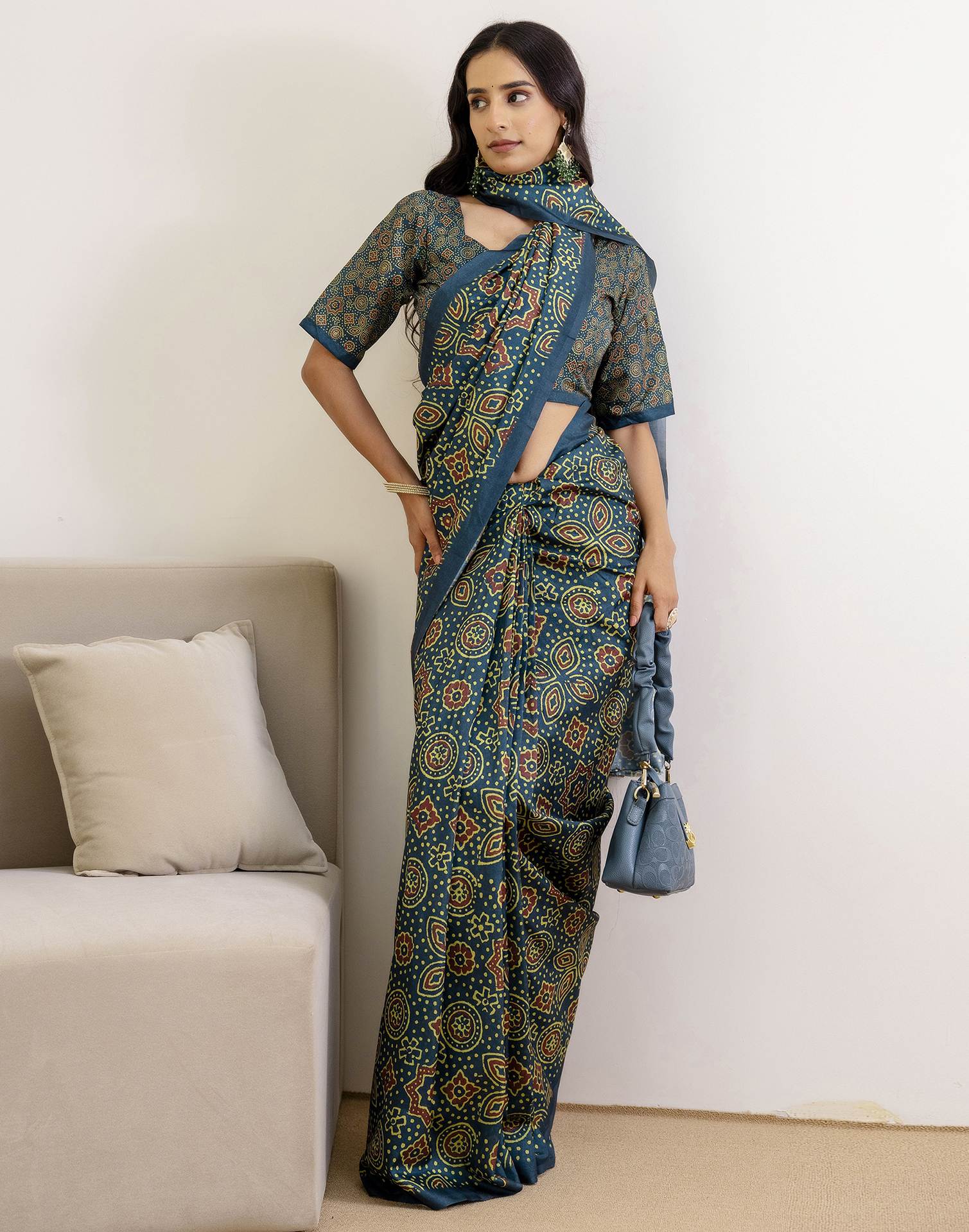 Ready To Wear Navy Blue Silk Printed Saree