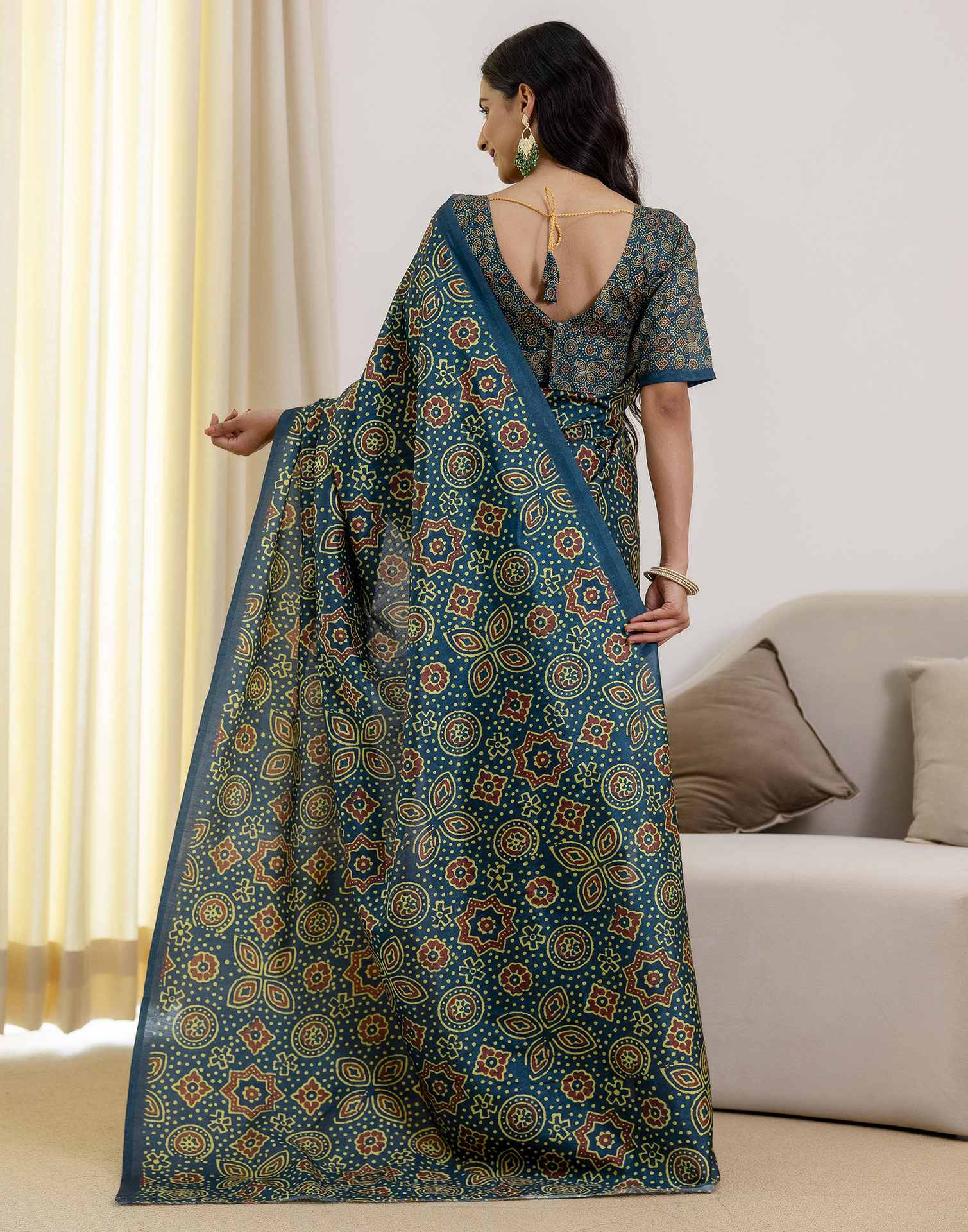 Ready To Wear Navy Blue Silk Printed Saree
