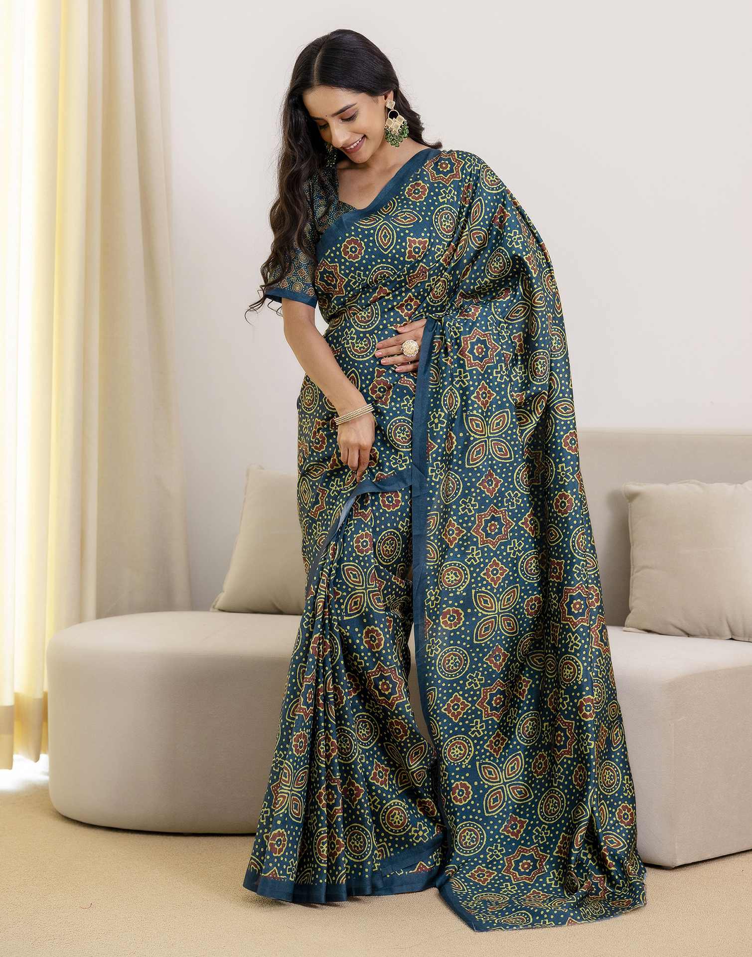 Ready To Wear Navy Blue Silk Printed Saree