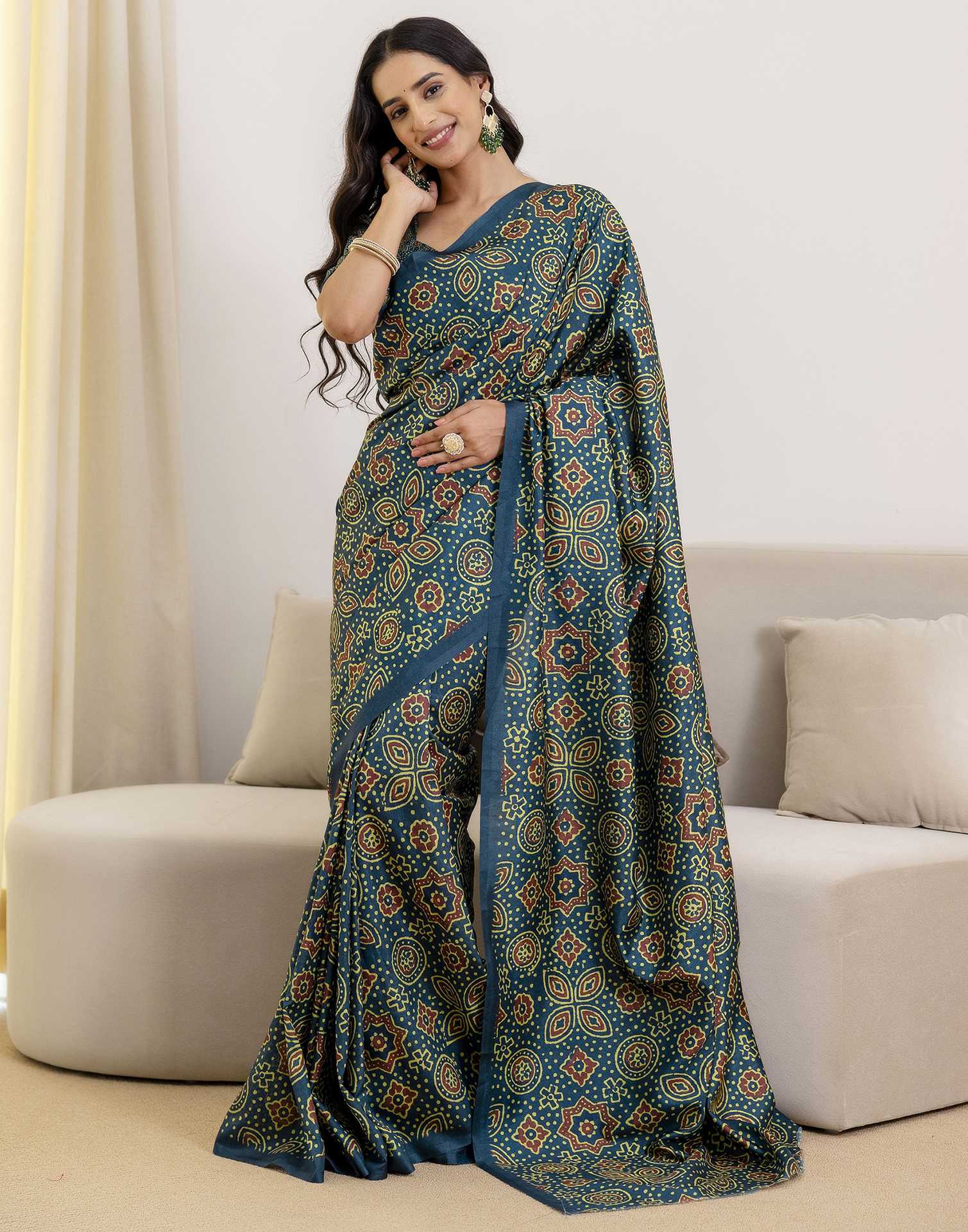 Ready To Wear Navy Blue Silk Printed Saree