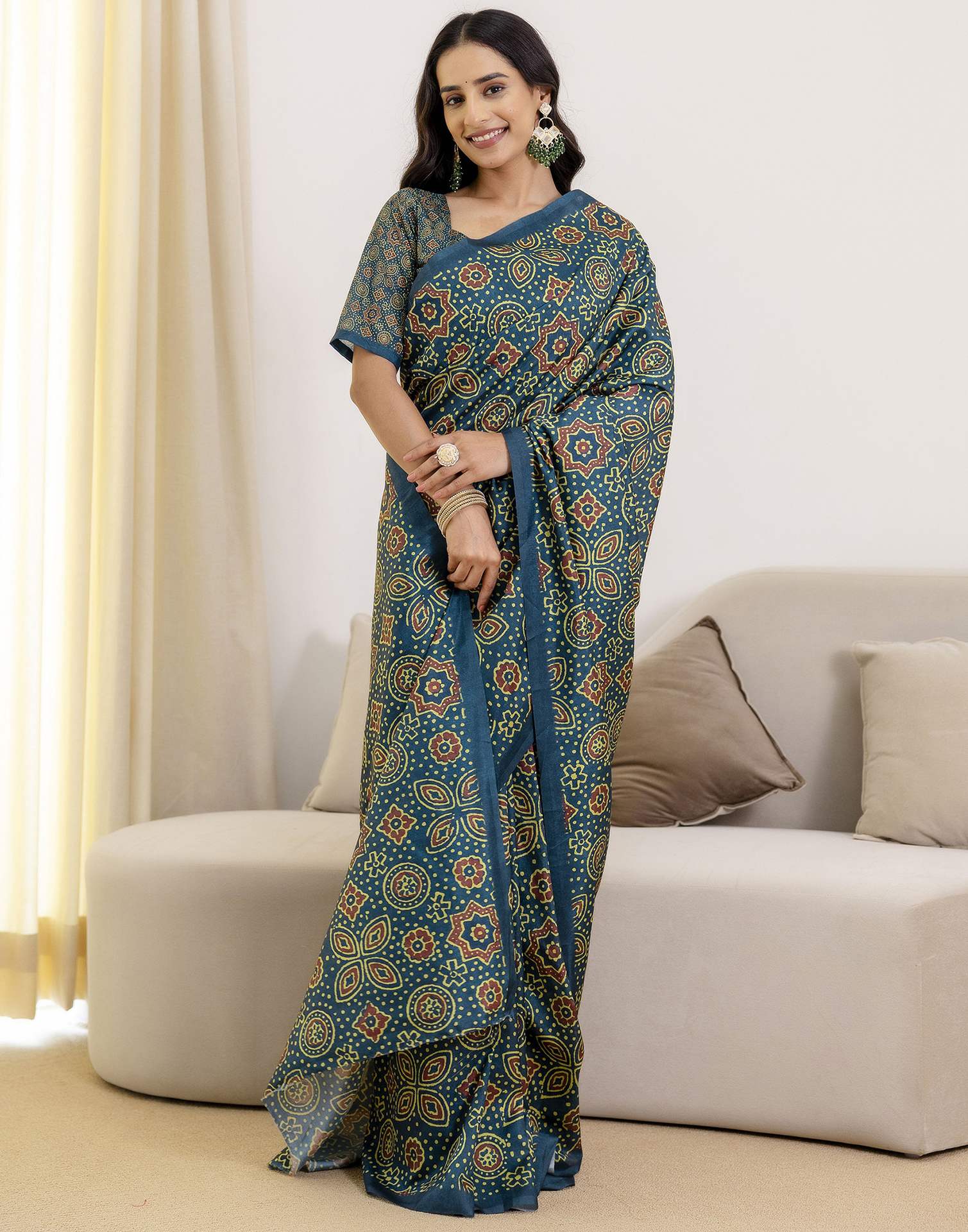 Ready To Wear Navy Blue Silk Printed Saree