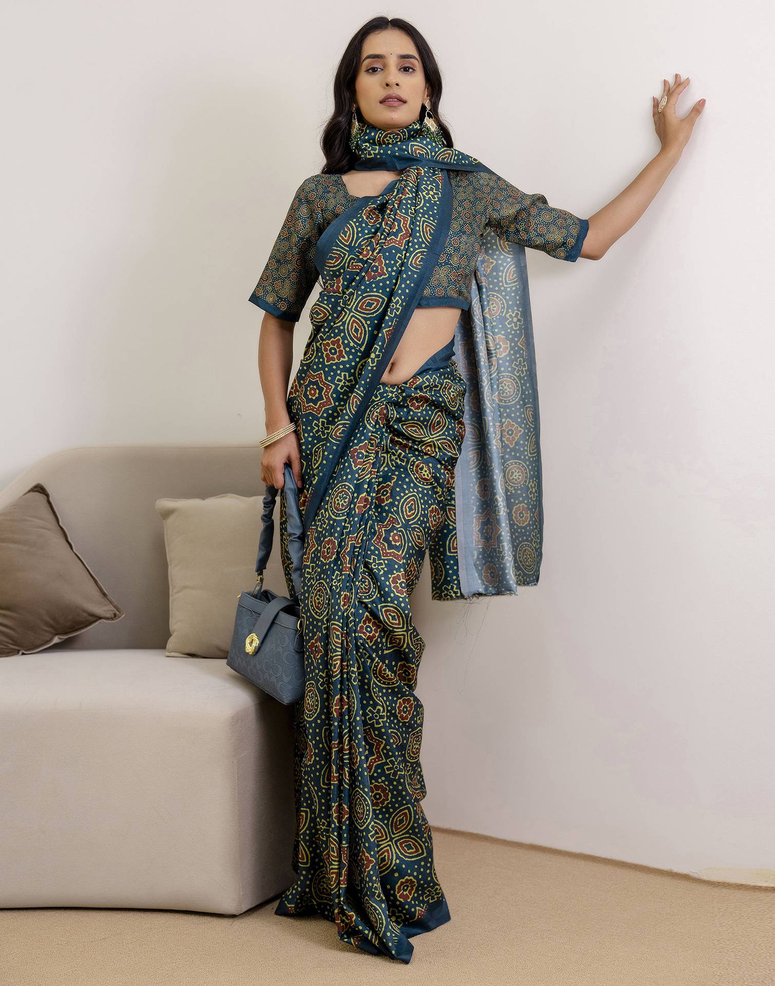 Ready To Wear Navy Blue Silk Printed Saree