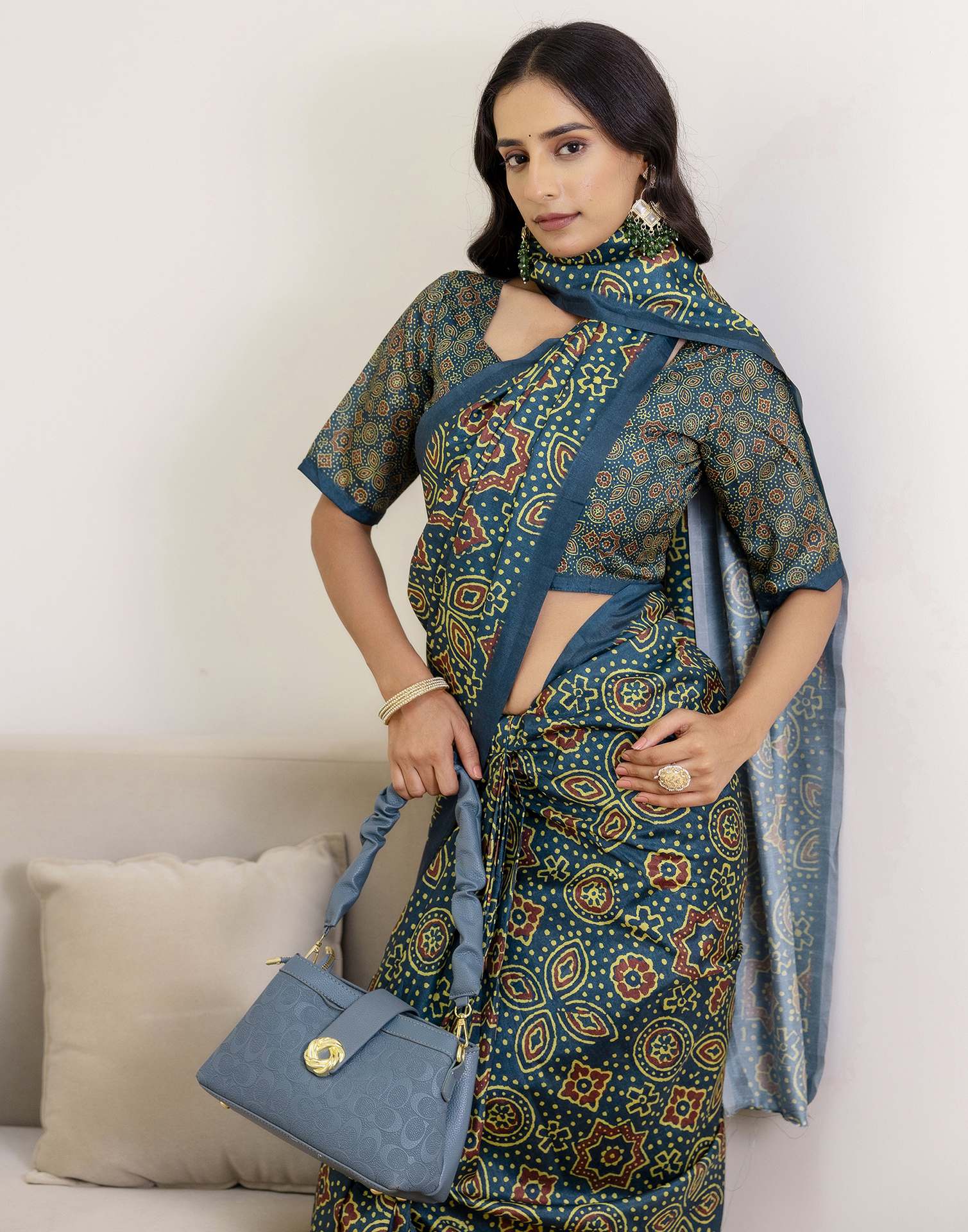 Ready To Wear Navy Blue Silk Printed Saree