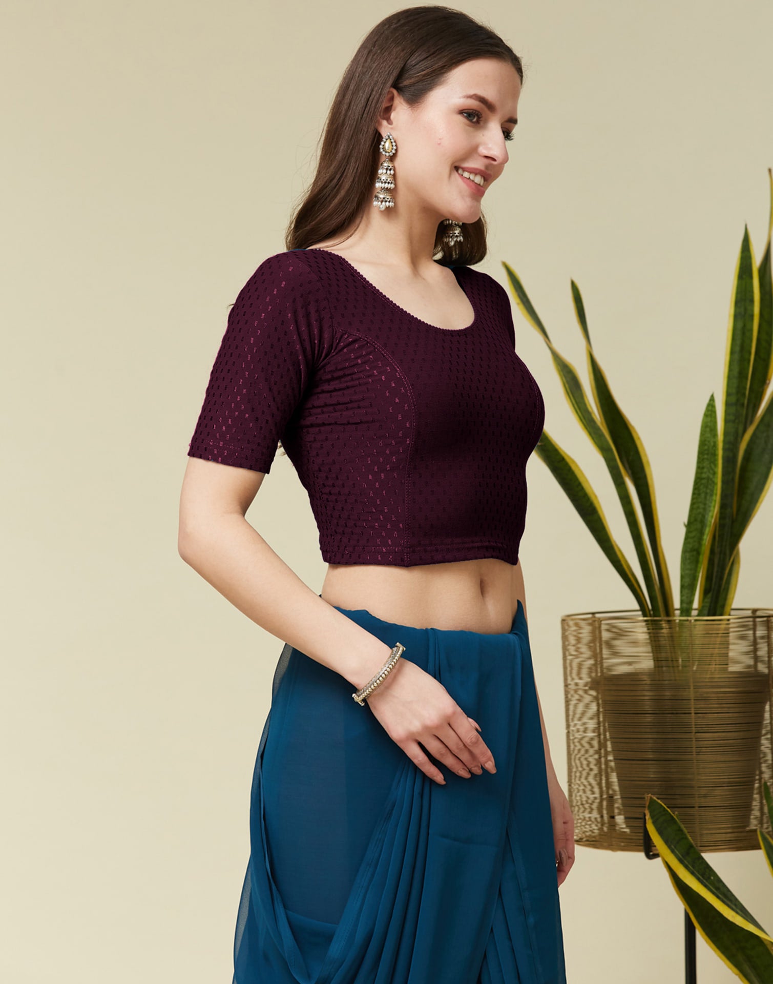 Wine Cotton Dyed Self Woven Blouse