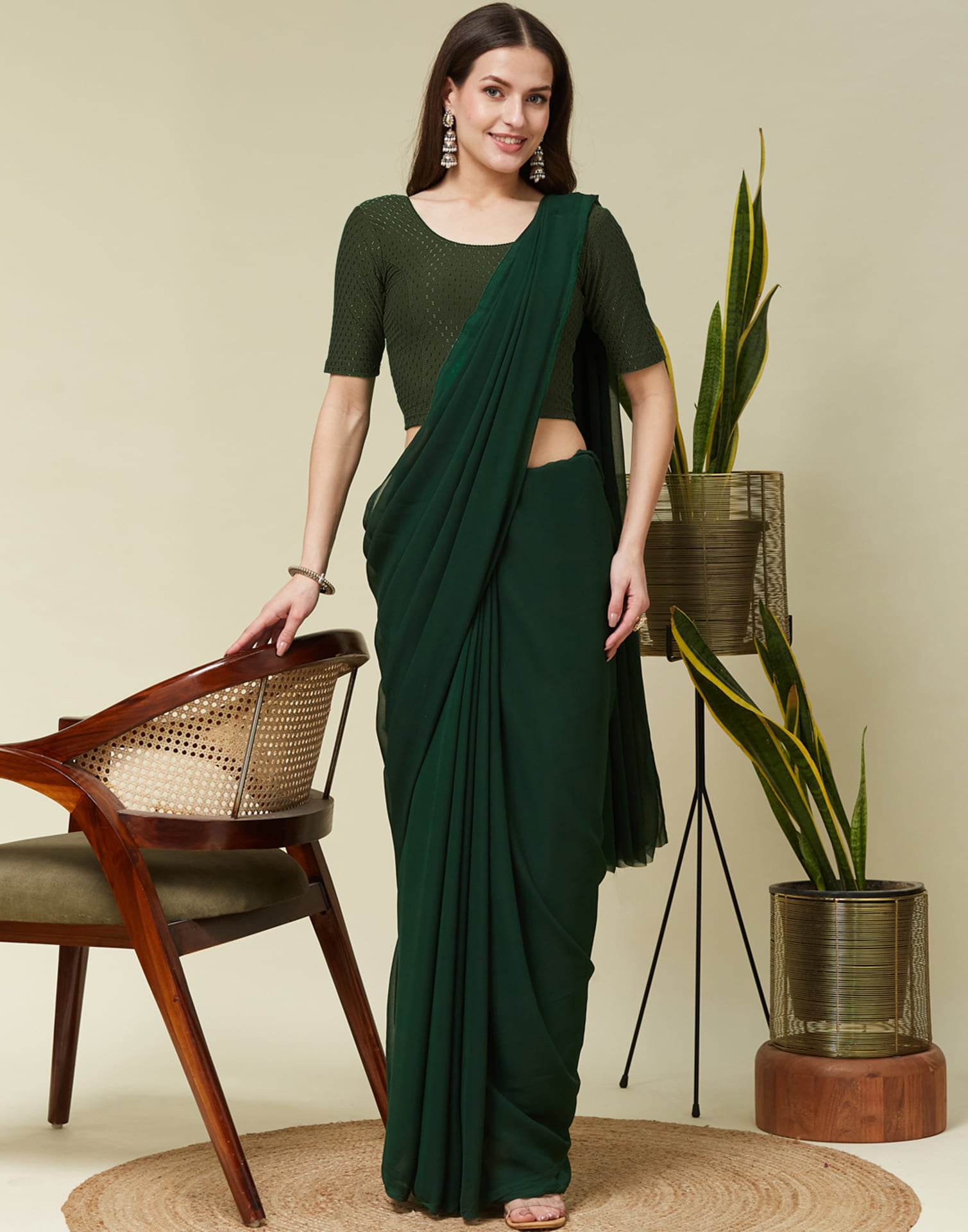 Army Green Cotton Lycra Dyed Self Woven Blouse