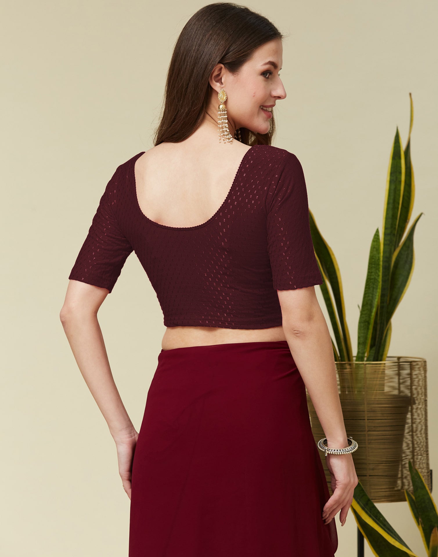 Dark Maroon Cotton Lycra Dyed Self Woven Blouse