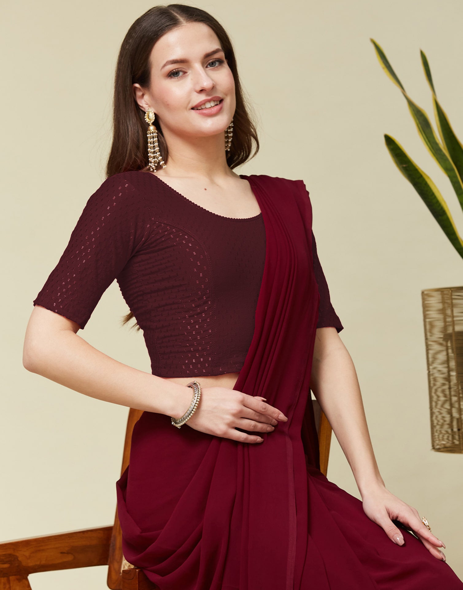 Dark Maroon Cotton Lycra Dyed Self Woven Blouse