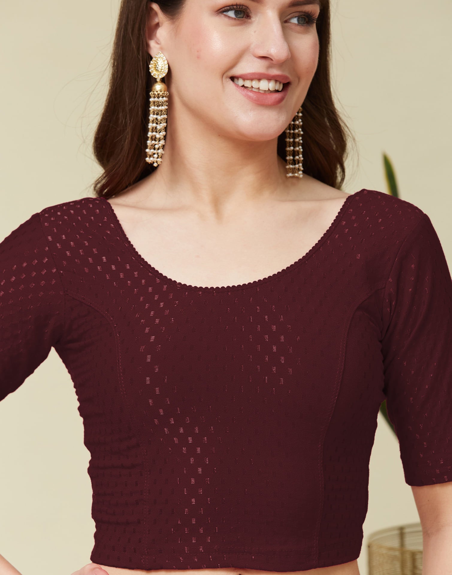 Dark Maroon Cotton Lycra Dyed Self Woven Blouse