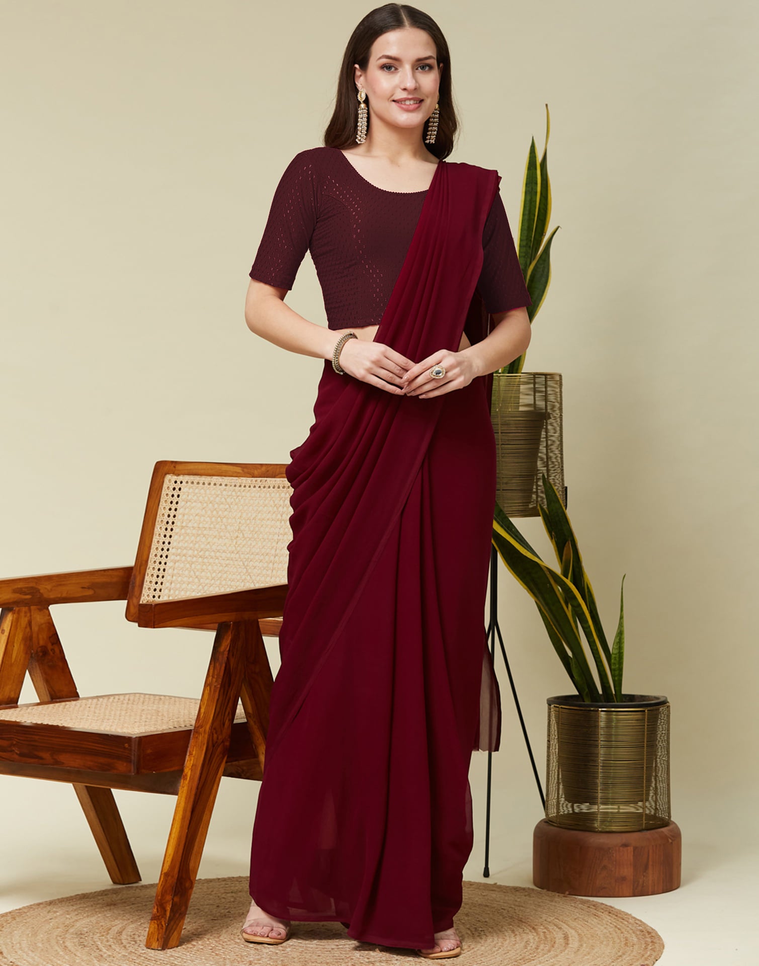 Dark Maroon Cotton Lycra Dyed Self Woven Blouse