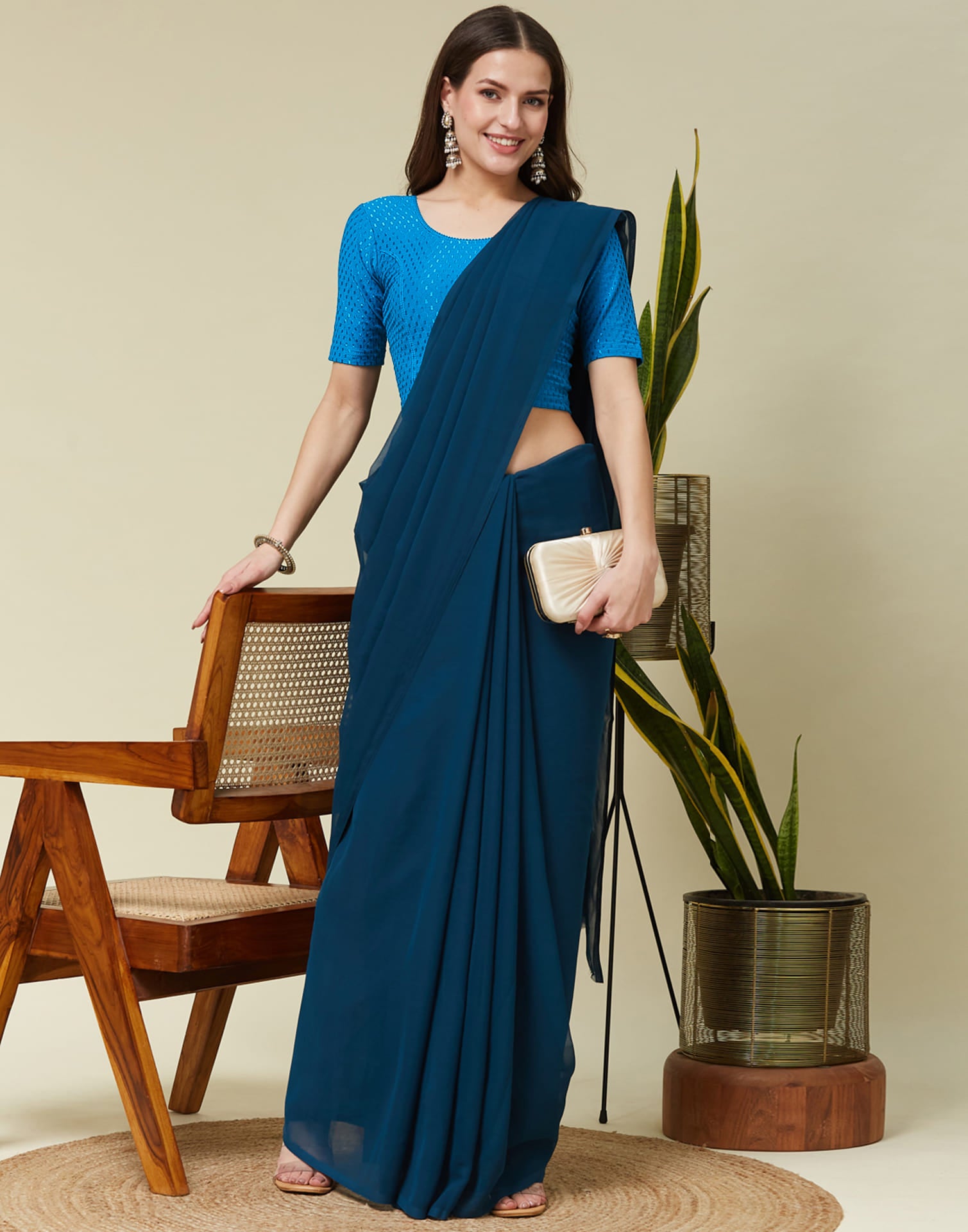 Blue Cotton Lycra Dyed Self Woven Blouse