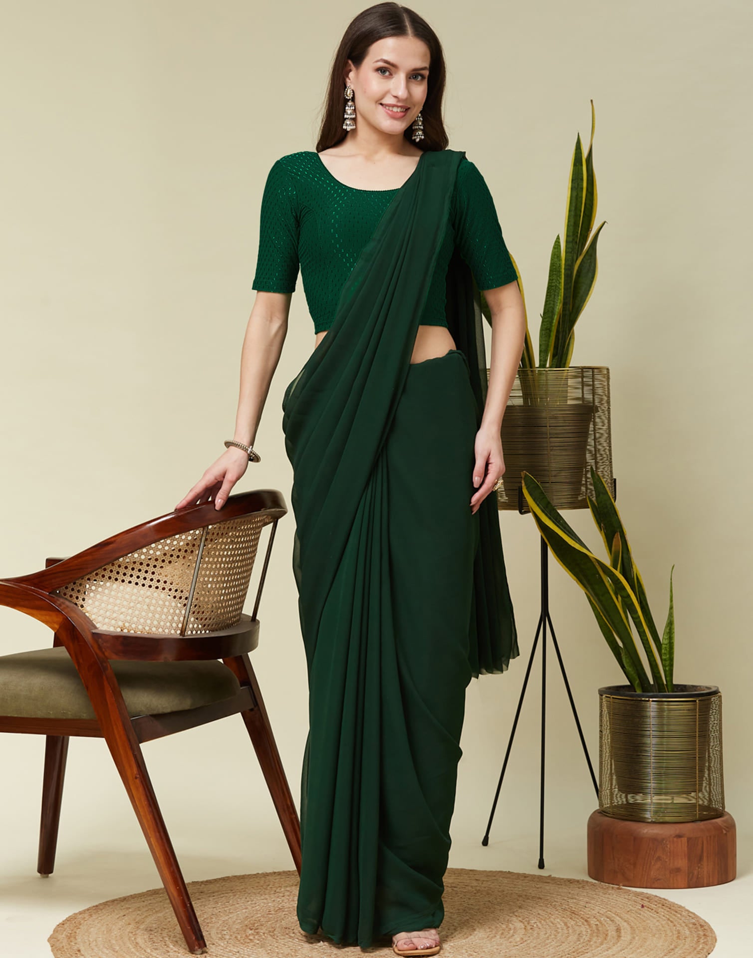 Dark Bottle Green Cotton Lycra Dyed Self Woven Blouse