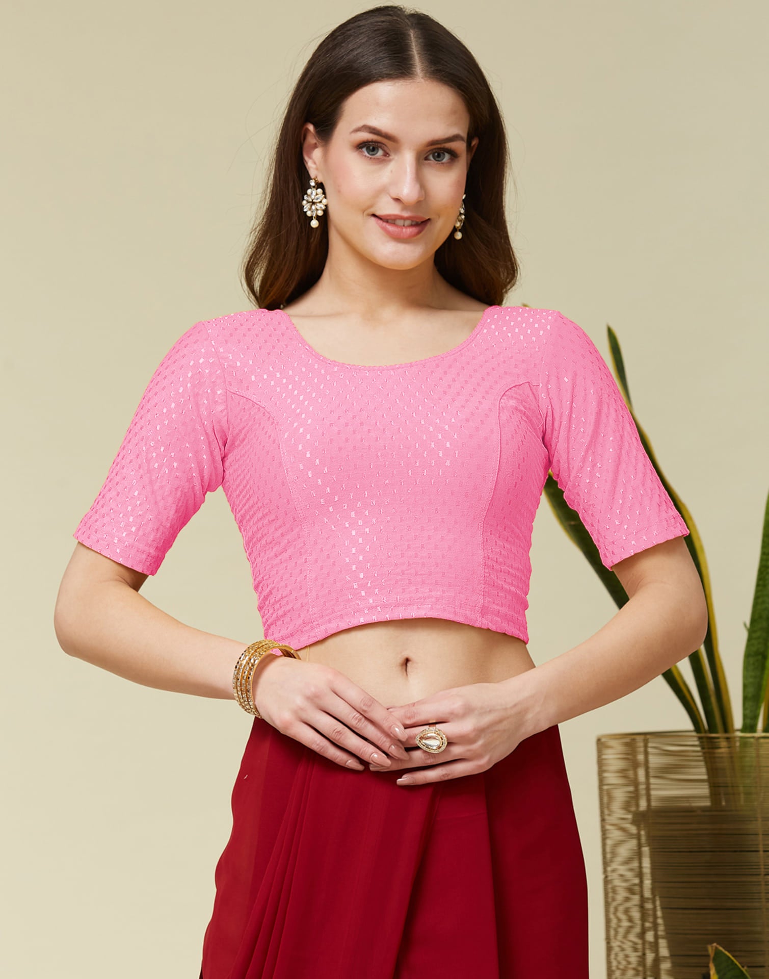 Taffy Pink Cotton Lycra Dyed Self Woven Blouse