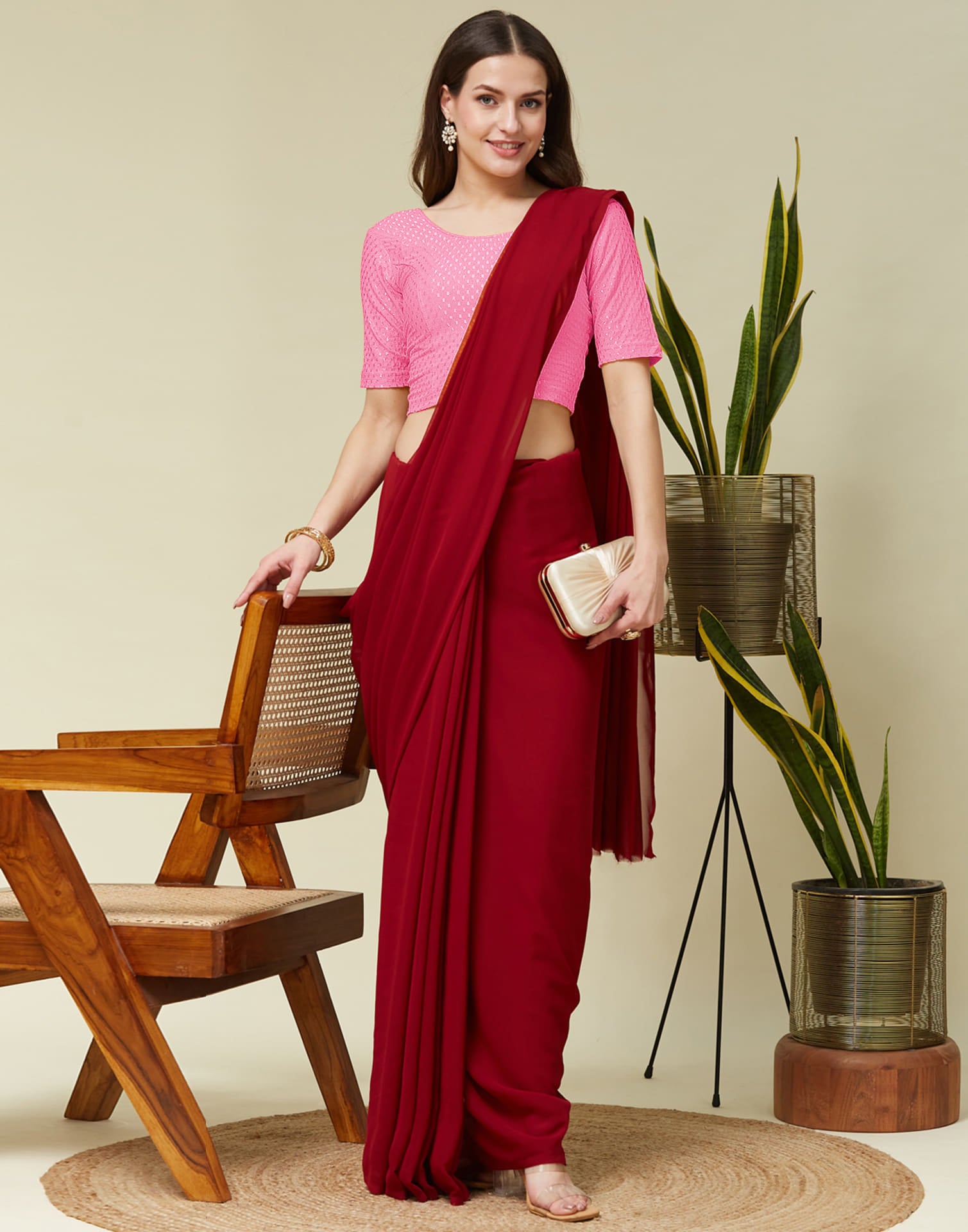 Taffy Pink Cotton Lycra Dyed Self Woven Blouse