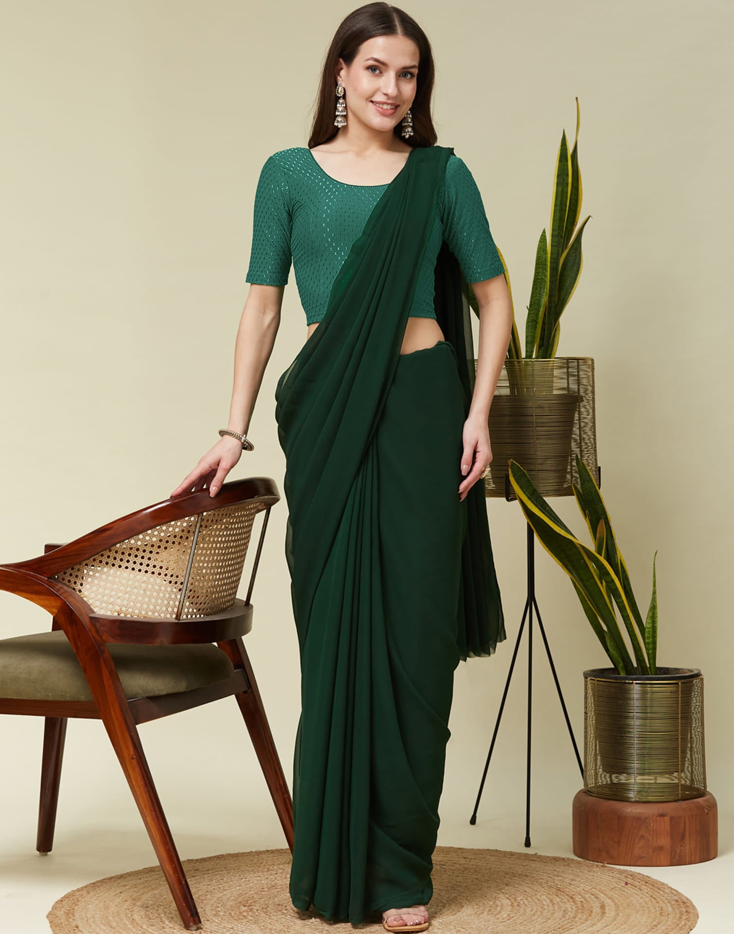 Dark Dusty Green Cotton Lycra Dyed Self Woven Blouse