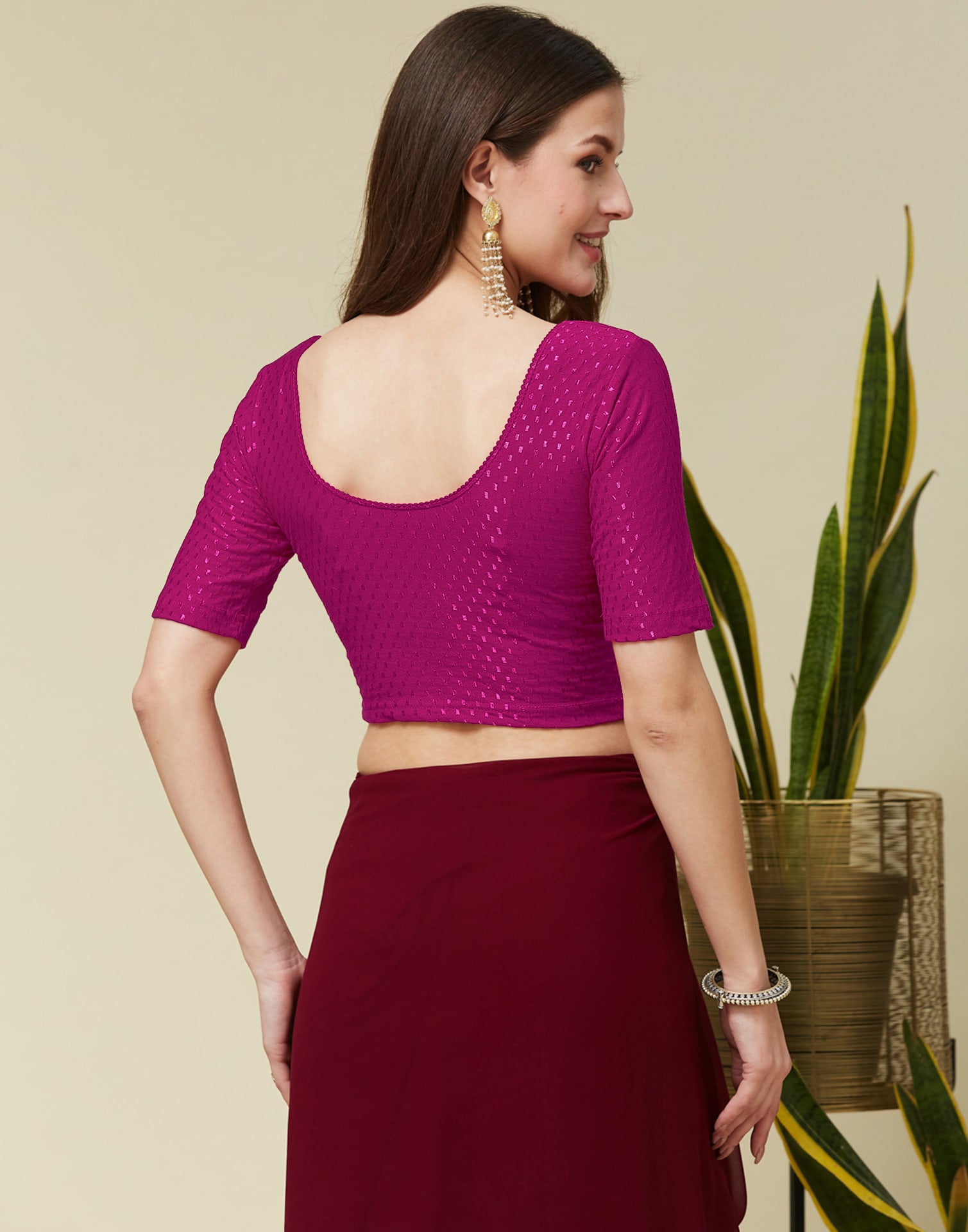 Dark Magenta Cotton Lycra Dyed Self Woven Blouse