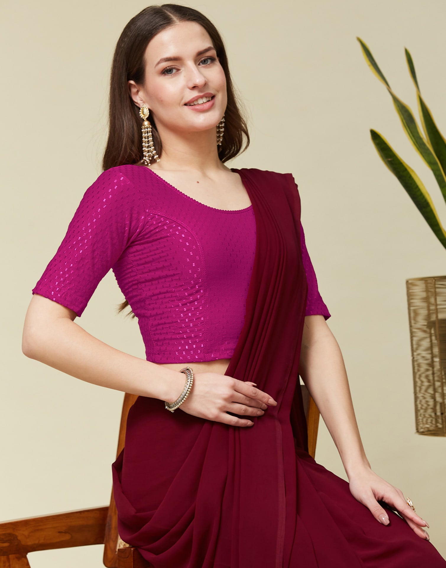 Dark Magenta Cotton Lycra Dyed Self Woven Blouse