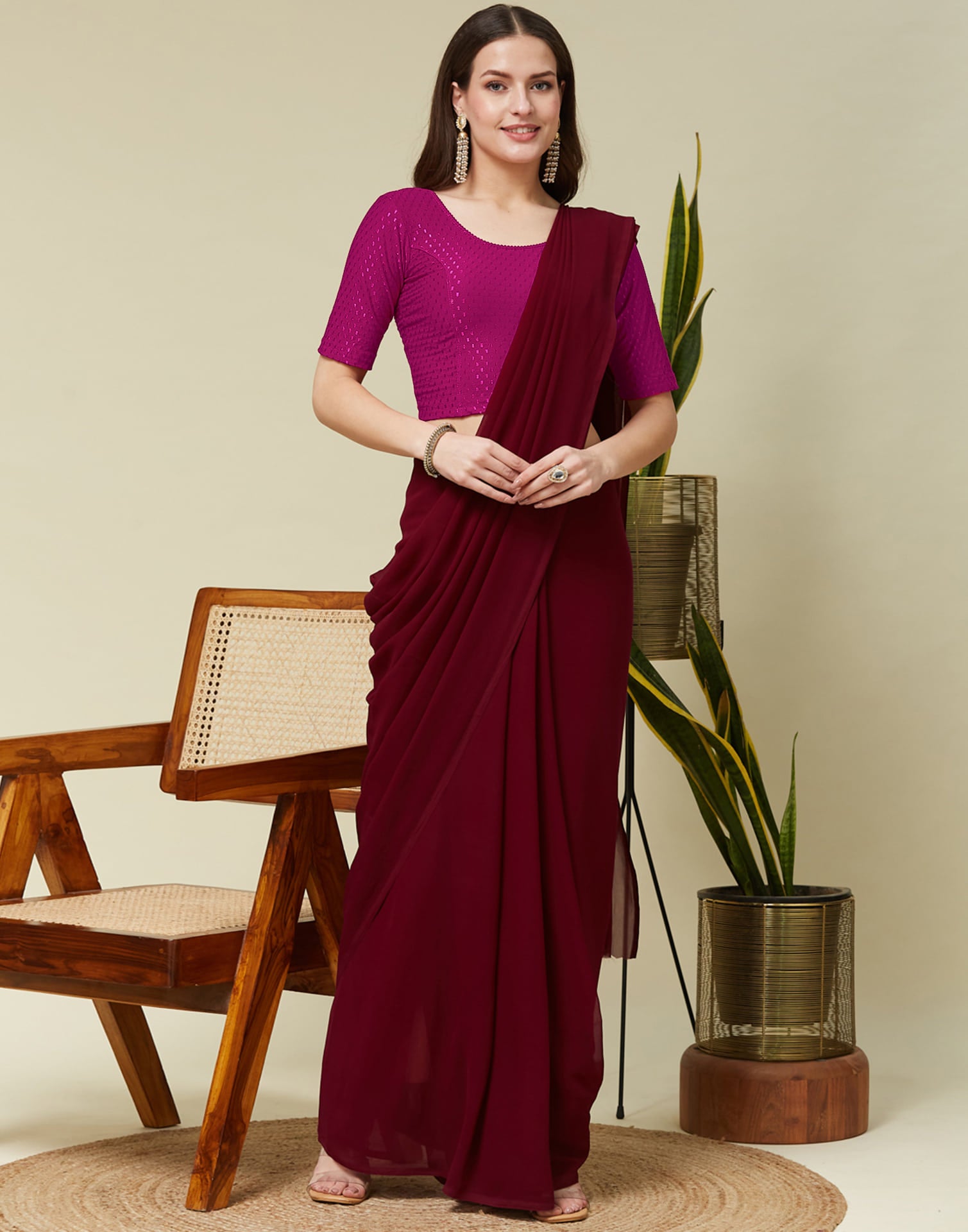 Dark Magenta Cotton Lycra Dyed Self Woven Blouse