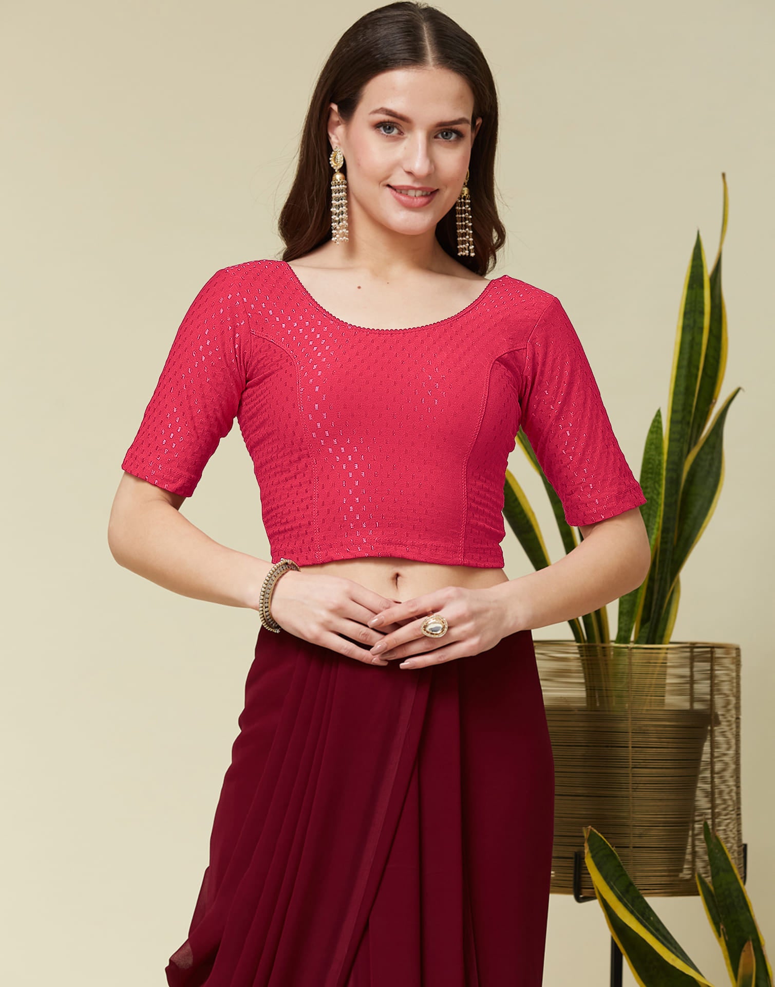 Dark Peach Cotton Lycra Dyed Self Woven Blouse