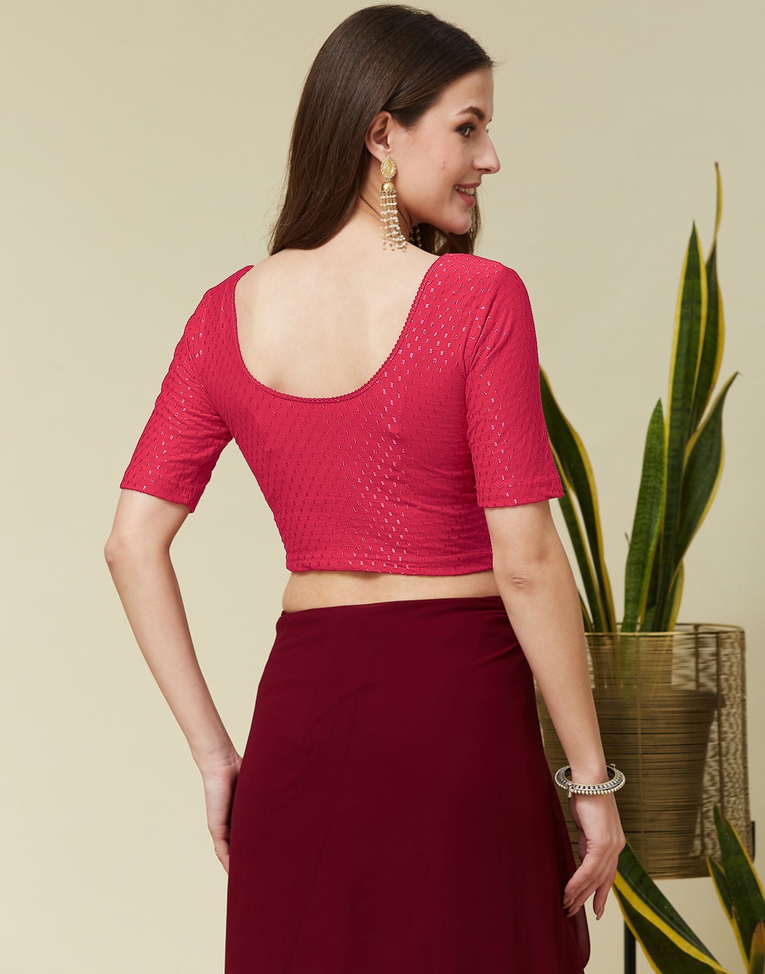 Dark Peach Cotton Lycra Dyed Self Woven Blouse