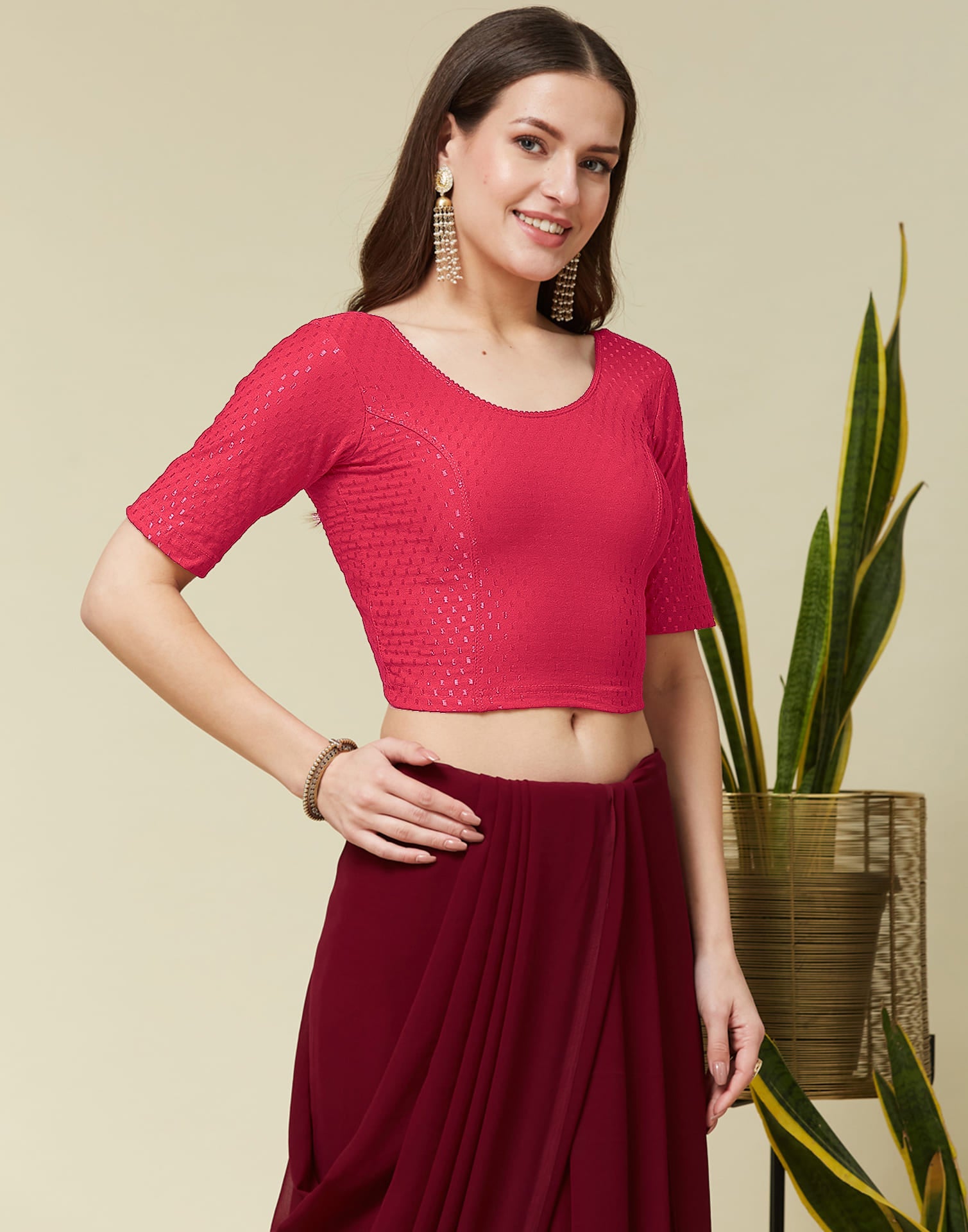 Dark Peach Cotton Lycra Dyed Self Woven Blouse